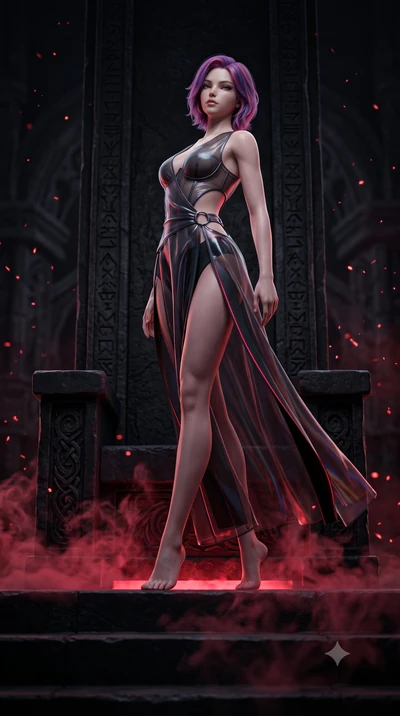 score_9, masterpiece, best quality, ultra-detailed, high-budget anime keyframe, semi-realistic 3D game render, editorial fashion photography, tasteful artistic composition, Caucasian woman. low angle full-body shot from head to toe showing her feet, 
