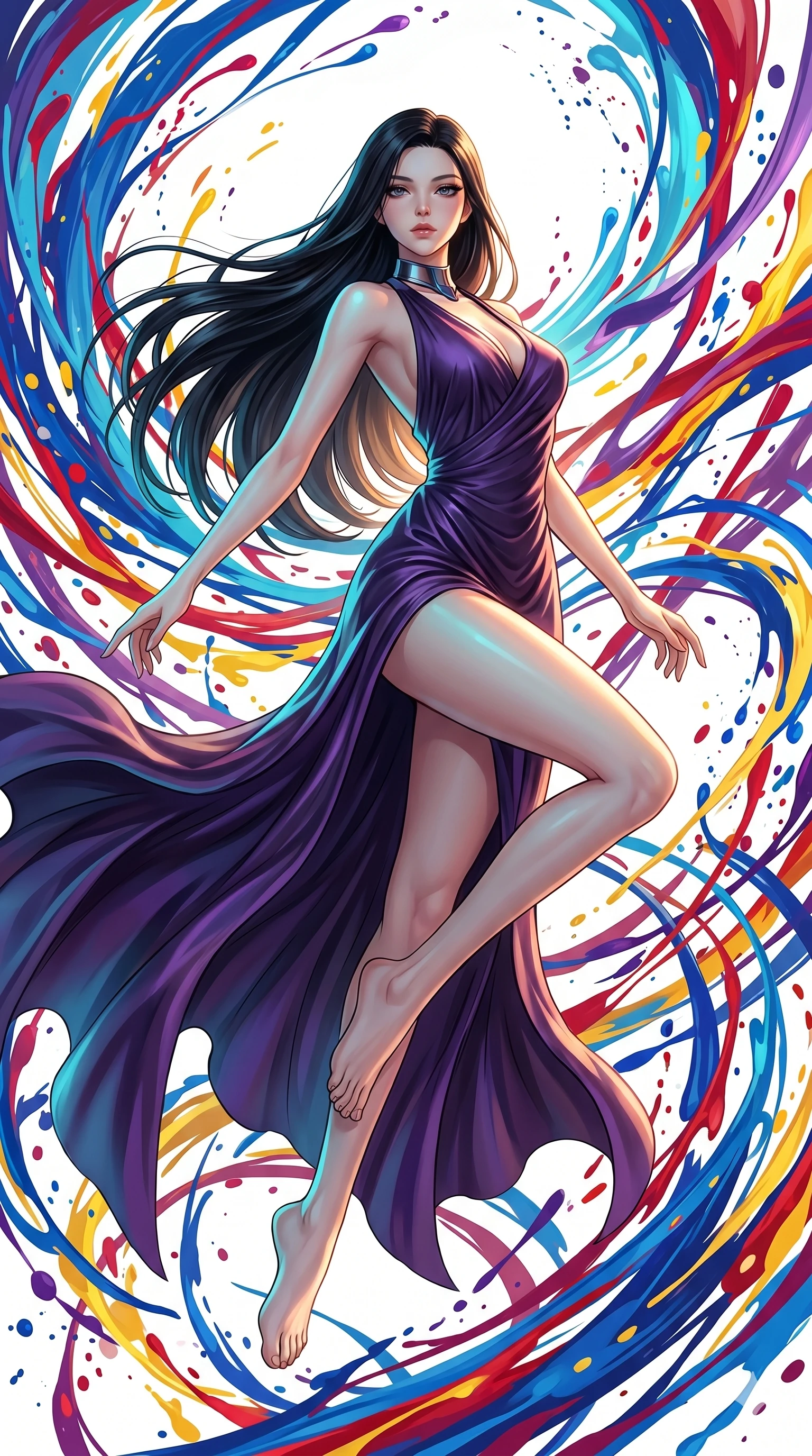 score_9, masterpiece, best quality, ultra-detailed, high-budget anime keyframe, Japanese woman. low angle full-body shot filling the entire 9:16 frame with her statuesque presence, stretching the vertical silhouette. leaping into a vorticist paint splatter dimension where thousands of vivid acrylic paint ribbons and splatters swirl around her in a white gallery void. She has an absolutely perfect 8-heads proportion, an exceptionally tall and slender female figure with impossibly long slender legs and an ultra-slim waist. V-shaped jawline, high-bridge nose, intricate jewel-like eyes with depth, thick eyelashes, glossy lips with a natural sheen.. wearing a gothic liquid silk gown, featuring a deep purple liquid silk maxi gown draped around her, secured by a metallic choker collar, with a high side slit. showcasing a beautiful play of light and shadow, with warm golden rays clashing against cool cyan highlights. 2k, ultra detail, master piece, 9:16 ratio