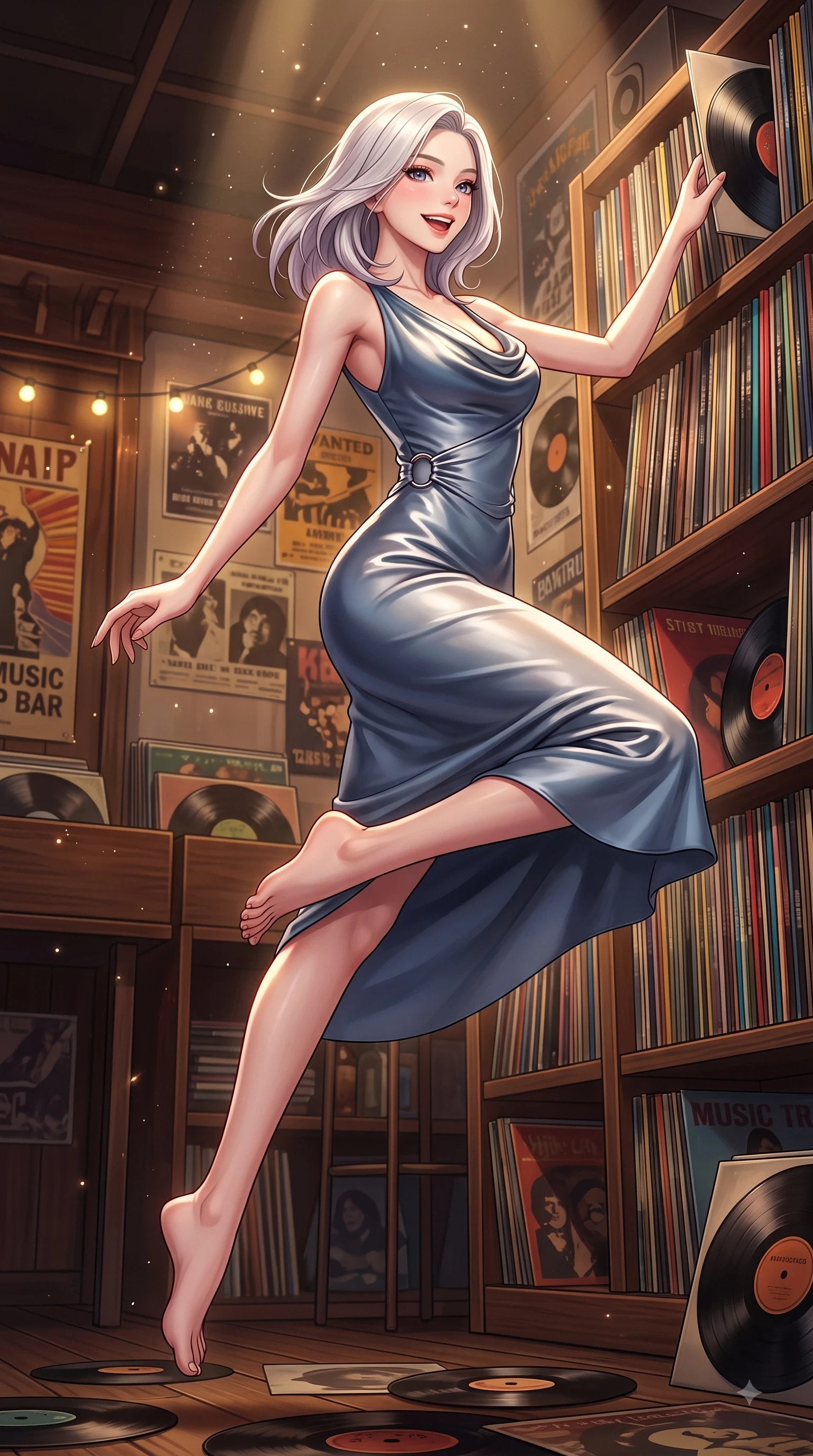 score_9, masterpiece, best quality, ultra-detailed, high-budget anime keyframe, editorial fashion photography, tasteful artistic composition, Caucasian woman. low angle full-body shot from head to toe showing her feet, filling the entire 9:16 vertical frame with her statuesque presence, stretching her vertical silhouette. leaping with pure youthful energy through mid-air with a radiant bright smile, her impossibly long slender legs stretched in balance while browsing vintage vinyl record albums in a cozy Hongdae LP bar with a sweet playful smile, soft record store dust sparkling gracefully in warm directional spotlights. She has an absolutely perfect, statuesque 8.5-heads proportion, an exceptionally tall and slender model-like female figure with impossibly long slender legs and an ultra-slim waist. sharp v-shaped jawline, high-bridge nose, intricate jewel-like eyes with depth, thick eyelashes, glossy lips with a natural sheen, flawlessly proportioned anatomical accuracy, natural body alignment, perfectly sculpted elegant limbs, clean dynamic posture without body distortion. wearing an elegant cowl-neck satin midi dress with a graceful draped neckline in slate blue and metallic silver, crafted from smooth liquid silk, accented with delicate chrome ring hardware framing her waist, the tailored fabric tightly following every curve of her athletic build. surrounded by a nostalgic, warm, and intimate retro music atmosphere. highly saturated vibrant anime colors, detailed shading with soft gradients, rich glossy textures, high-contrast stereoscopic depth, volumetric dynamic lighting, master piece, 9:16 ratio
