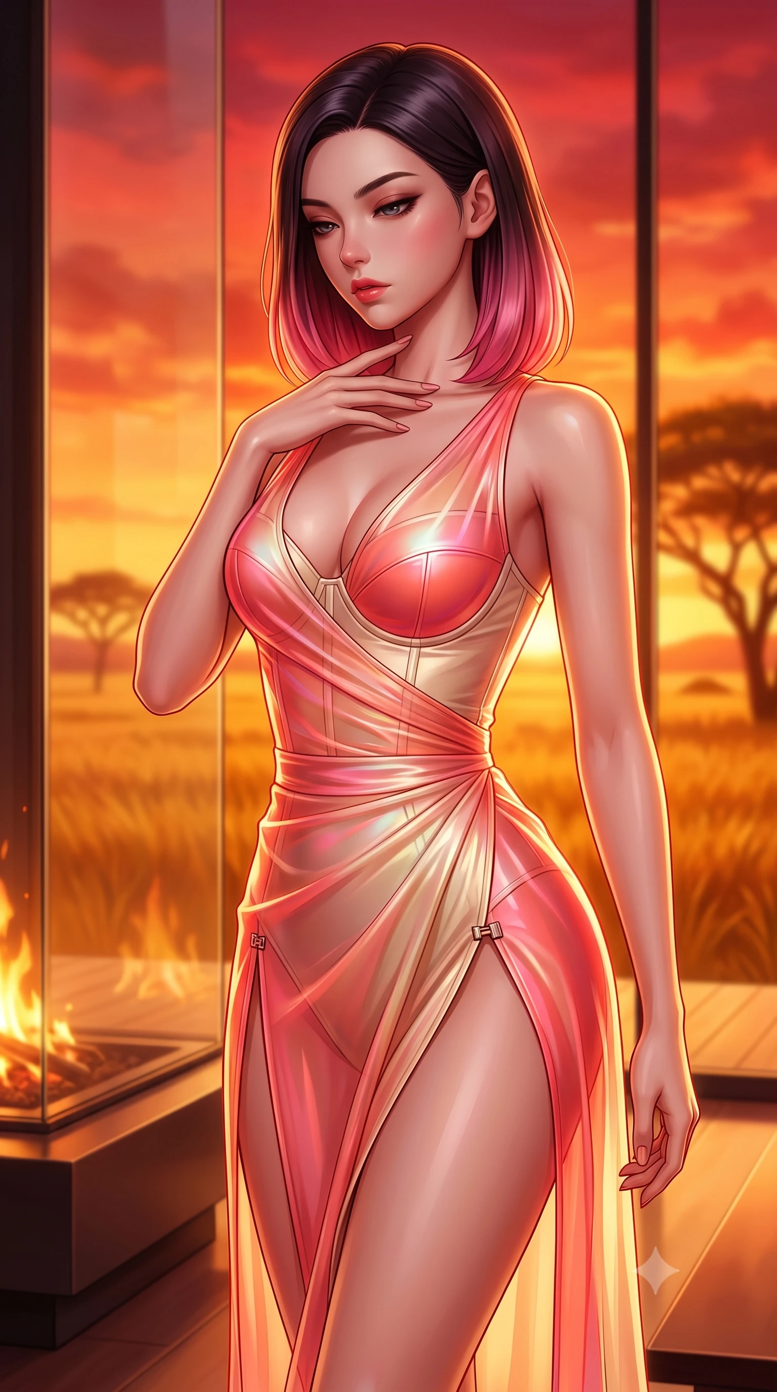 score_9, masterpiece, best quality, ultra-detailed, high-budget anime keyframe, semi-realistic 3D game render, editorial fashion photography, tasteful artistic composition, Korean woman. close-up cowboy shot from the waist and thighs up, the character dominates the composition, filling the frame with her large presence. resting her fingers lightly against her throat while looking down with a smoldering, haughty yet intensely captivating glance while pivoting dynamically near a modern glass fireplace overlooking the vast golden plains under a fiery crimson sky. The composition keeps background elements in soft focus with creamy bokeh. golden savannah grasslands and silhouetted acacia trees blurred into rich amber and fiery orange bokeh. She has an exceptionally elegant, slender, and willowy female figure with an ultra-slim waist, a gracefully sculpted slender torso, toned flat midriff, and a refined slim silhouette. sharp v-shaped jawline, high-bridge nose, intricate jewel-like eyes with depth, thick eyelashes, glossy lips with a natural sheen, flawlessly proportioned anatomical accuracy, strict slender model proportions, natural body alignment, perfectly sculpted long slender limbs, ultra-slim waistline, clean dynamic posture without body distortion. wearing a translucent iridescent organza wrap dress with structured bustier boning, plunging neckline, and high-cut dual leg slits in radiant coral pink and champagne ivory, made of liquid metal jersey that clings flawlessly to every contour of her build, finished with an ultra-high side slit secured by miniature magnetic clasps, the glove-like aerodynamic second-skin fit tightly clinging to her ultra-slender waist and athletic curves without adding bulk, accentuating her razor-sharp statuesque lines and slim hourglass silhouette. bathed in blazing golden hour sunset radiance and warm amber horizon fill light. highly saturated vibrant anime colors, detailed shading with soft gradients, rich glossy textures, high-contrast stereoscopic depth, volumetric dynamic lighting, master piece, 9:16 ratio