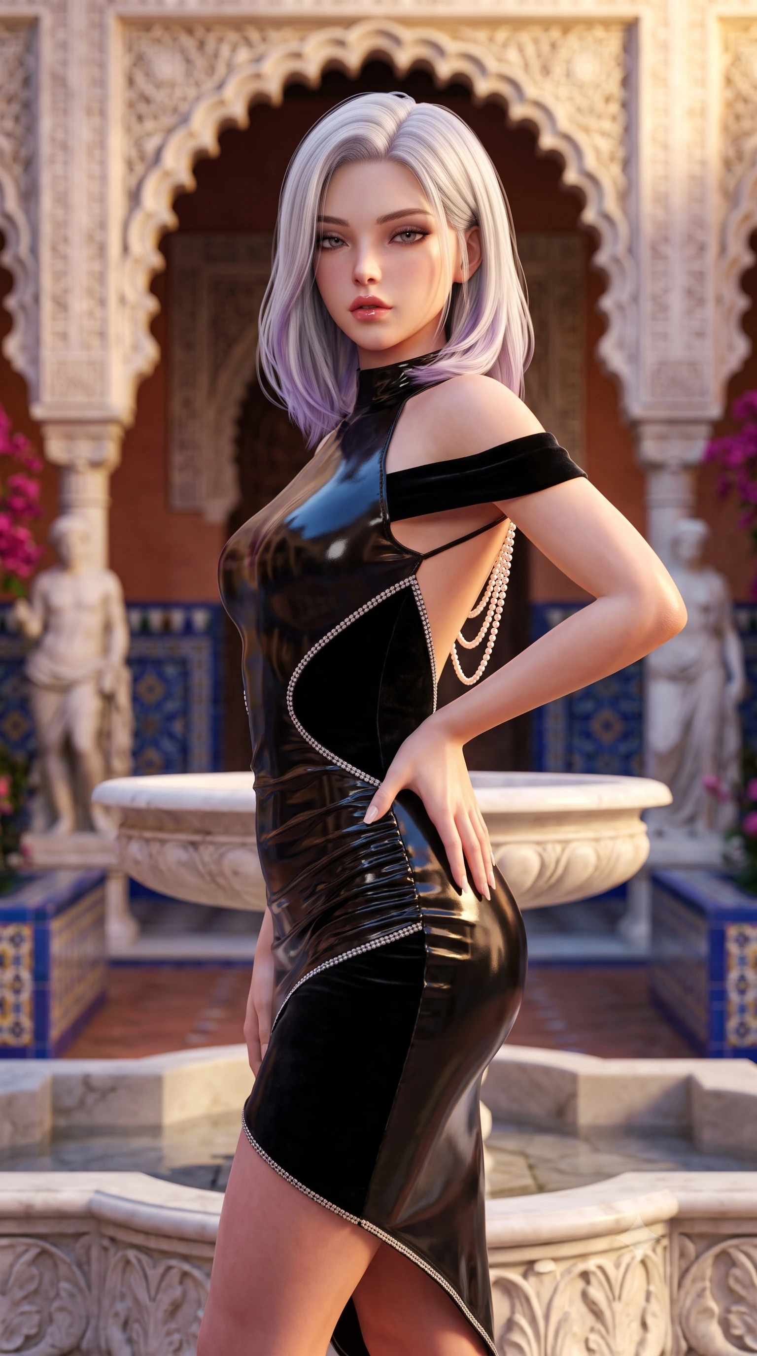 score_9, masterpiece, best quality, ultra-detailed, high-budget anime keyframe, semi-realistic 3D game render, editorial fashion photography, tasteful artistic composition, Caucasian woman. close-up cowboy shot from the waist and thighs up, the character dominates the composition, filling the frame with her large presence. resting one manicured hand delicately on her hip bone, her upper body turning in a fluid, seductive S-curve while parted lips glisten in the light while standing beside the central carved marble fountain surrounded by Roman classical statues, arching her lower back in graceful Andalusian dancer poise. The composition keeps background elements in soft focus with creamy bokeh. carved gothic-mudéjar plaster arches and vibrant cobalt azulejo tiles blurred into rich cobalt, ochre, and bougainvillea magenta bokeh. She has an exceptionally elegant, slender, and willowy female figure with an ultra-slim waist, flat toned midriff, narrow ribcage, and sculpted feminine hips creating an alluring, slim hourglass silhouette without bulk. sharp v-shaped jawline, high-bridge nose, intricate jewel-like eyes with depth, thick eyelashes, glossy parted lips with a natural sheen, intensely captivating and seductive bedroom-eyes expression, flawlessly proportioned anatomical accuracy, strict slender model proportions, natural body alignment, perfectly sculpted long slender limbs, ultra-slim waistline, clean dynamic posture without body distortion. wearing a form-contouring cocktail dress with an asymmetrical open shoulder and hip-defining ruching in pitch-black velvet with diamond crystal trim, tailored from second-skin aerodynamic stretch vinyl with specular wet sheen, accented with a multi-strand pearl back necklace cascading down her bare spine to her hips, the form-contouring material adhering flawlessly to her sculpted flat midriff and slender torso, emphasizing her long leg lines and perfectly proportioned willowy build. bathed in rich golden hour Andalusian sunset backlighting and warm terracotta wall bounce fill. highly saturated vibrant anime colors, detailed shading with soft gradients, rich glossy textures, high-contrast stereoscopic depth, volumetric dynamic lighting, master piece, 9:16 ratio