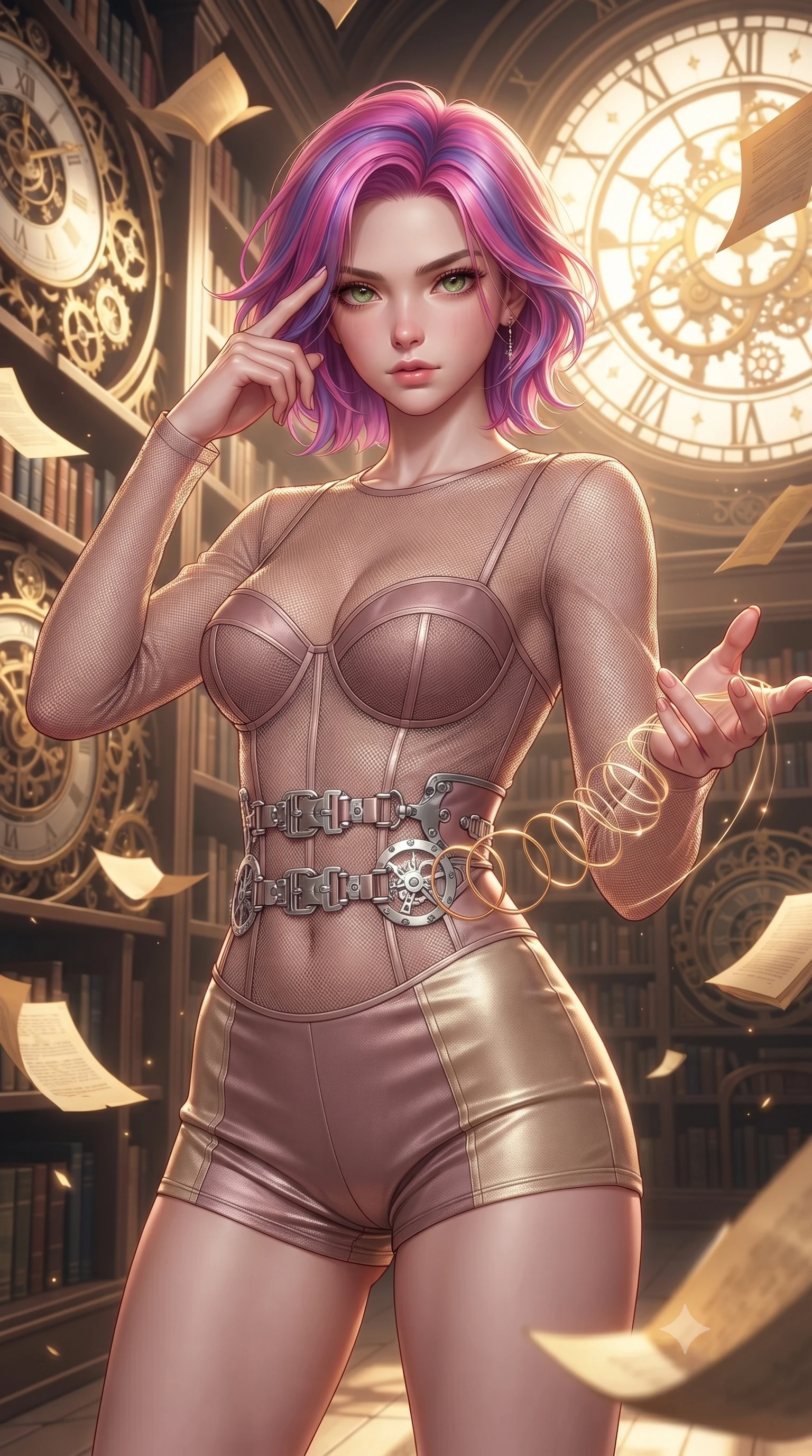 score_9, masterpiece, best quality, ultra-detailed, high-budget anime keyframe, editorial fashion photography, tasteful artistic composition, Caucasian woman. close-up cowboy shot from the waist and thighs up, the character dominates the composition, filling the frame with her large presence, background elements kept in soft focus. Pressing two fingers to her temple in a composed thoughtful gesture with an air of magnetic charisma threading glowing clockwork spring wires inside a majestic archives hall, golden paper pages fluttering gently around her in a magical breeze. She has an exceptionally elegant, slender, and willowy female figure with an ultra-slim waist, a gracefully sculpted slender torso, and a refined silhouette. sharp v-shaped jawline, high-bridge nose, intricate jewel-like eyes with depth, thick eyelashes, glossy lips with a natural sheen. wearing a delicate see-through mesh top with structured cup boning and micro-shorts in dusty rose and champagne gold, woven from fine semi-opaque sheer organza, detailed with polished silver buckles along the waistline, the form-contouring material highlighting her ultra-slim waist and long lines. illuminated by a brilliant golden hour glow filtering through clockwork dials. ultra-reflective glossy finish, specular highlights, metallic sheen, high-contrast stereoscopic depth, volumetric dynamic lighting, 2k, ultra detail, master piece, 9:16 ratio