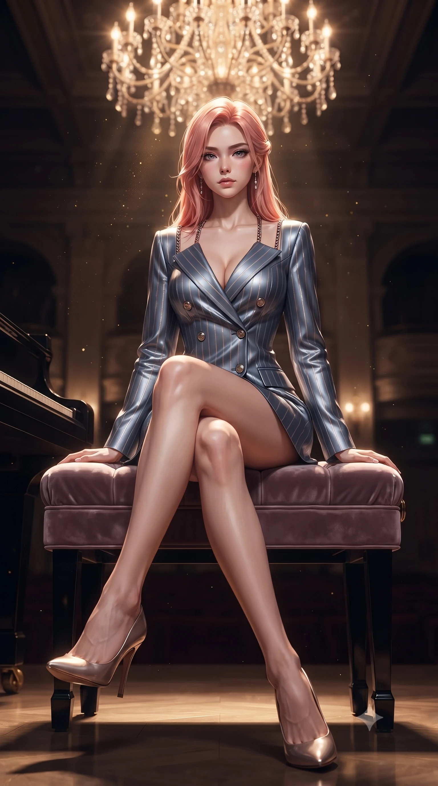 score_9, masterpiece, best quality, ultra-detailed, high-budget anime keyframe, editorial fashion photography, tasteful artistic composition, Japanese woman. low angle full-body shot from head to toe showing her feet, filling the entire 9:16 vertical frame with her statuesque presence, stretching her vertical silhouette. forging dynamically through the scene, her vertical silhouette beautifully stretched sitting gracefully on a velvet piano bench under a majestic chandelier glow, golden dust particles dancing gracefully in the beam of key light. She has an absolutely perfect, statuesque 8.5-heads proportion, an exceptionally tall and slender model-like female figure with impossibly long slender legs and an ultra-slim waist. sharp v-shaped jawline, high-bridge nose, intricate jewel-like eyes with depth, thick eyelashes, glossy lips with a natural sheen. wearing a double-breasted blazer dress with metallic pin-stripes in slate blue and metallic silver, crafted from lustrous satin jersey with fluid draping, adorned with delicate metallic chain straps along the neckline, the sleek second-skin texture accentuating her magnetic presence. surrounded by an elegant, high-contrast performance atmosphere. ultra-reflective glossy finish, specular highlights, metallic sheen, high-contrast stereoscopic depth, volumetric dynamic lighting, 2k, ultra detail, master piece, 9:16 ratio