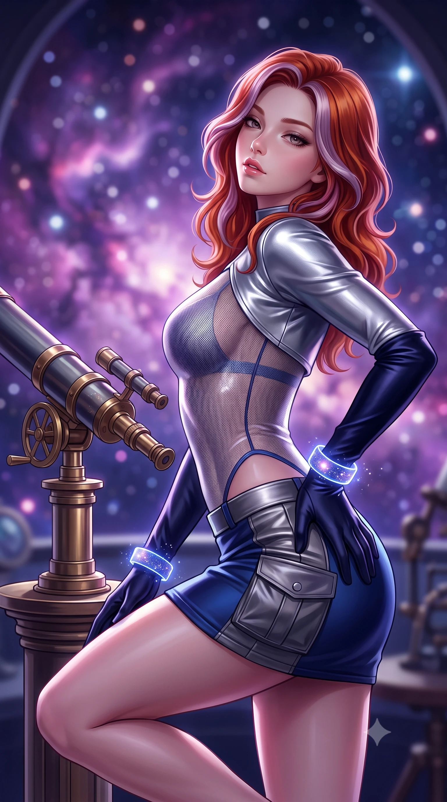 score_9, masterpiece, best quality, ultra-detailed, high-budget anime keyframe, semi-realistic 3D game render, editorial fashion photography, tasteful artistic composition, Caucasian woman. close-up cowboy shot from the waist and thighs up, the character dominates the composition, filling the frame with her large presence. arching her spine backward with effortless dancer poise, one hand sliding along her hip line as directional light carves specular highlights along her silhouette while crouching gracefully beside the brass telescope mount, looking back with parted glossy lips as galactic starlight washes over her curves. The composition keeps background elements in soft focus with creamy bokeh. swirling violet and magenta nebula clouds and distant star clusters blurred into celestial indigo, pink, and diamond-white bokeh. She has an exceptionally elegant, slender, and willowy female figure with an ultra-slim waist, a gracefully sculpted slender torso, toned flat midriff, and rounded feminine hips creating an alluring hourglass silhouette. sharp v-shaped jawline, high-bridge nose, intricate jewel-like eyes with depth, thick eyelashes, glossy parted lips with a natural sheen, intensely captivating and seductive bedroom-eyes expression, flawlessly proportioned anatomical accuracy, strict slender model proportions, natural body alignment, perfectly sculpted long slender limbs, ultra-slim waistline, clean dynamic posture without body distortion. wearing a futuristic sheer mesh bodysuit layered under a metallic silver shrug bolero and micro cargo skirt in deep sapphire blue and brushed dark platinum, made of flexible reflective spandex and metallic webbing, complemented by opera-length midnight satin gloves and glowing stardust cuffs, the glove-like aerodynamic silhouette tightly following the natural contour of her hips and long slender legs with statuesque precision. surrounded by a celestial, immortal, and deeply hypnotic cosmos sovereign aura. highly saturated vibrant anime colors, detailed shading with soft gradients, rich glossy textures, high-contrast stereoscopic depth, volumetric dynamic lighting, master piece, 9:16 ratio