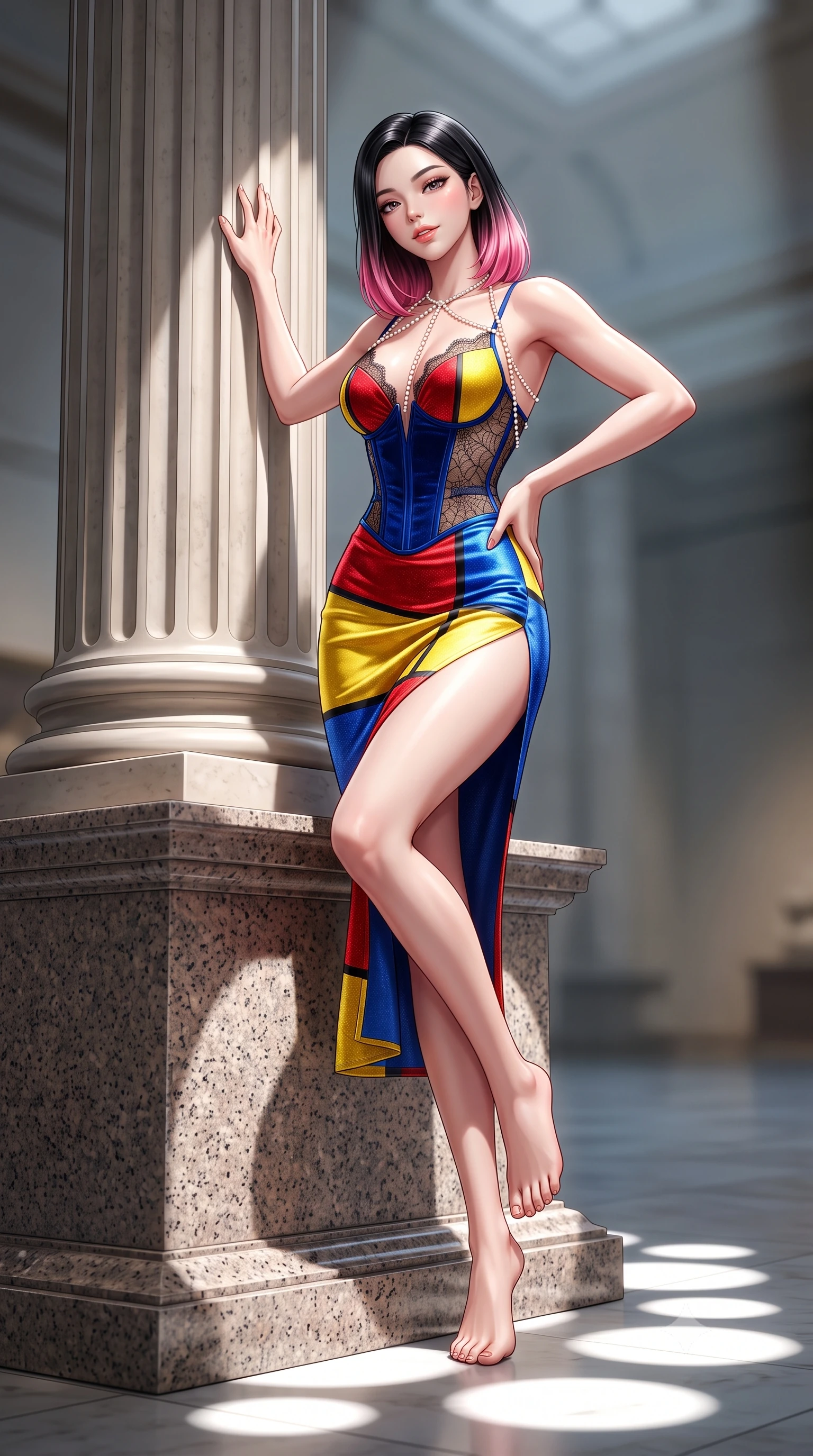 score_9, masterpiece, best quality, ultra-detailed, high-budget anime keyframe, semi-realistic 3D game render, editorial fashion photography, tasteful artistic composition, Korean woman. low angle full-body shot from head to toe showing her feet, filling the entire 9:16 vertical frame with her statuesque presence, stretching her vertical silhouette. standing tall beside the architectural column, one hand resting high while arching her lower back to emphasize her sculpted feminine hips and slender waist while perched sideways on an empty granite pedestal with legs crossed, one hand resting on her hip with supermodel disdain and allure. The background shows a soft-focus high ceiling space softened in cavernous museum shallow focus. She has an absolutely perfect, statuesque 8.5-heads proportion, an exceptionally tall and slender model-like female figure with impossibly long slender legs, an ultra-slim waist, a flat toned midriff, narrow delicate ribcage, and beautifully sculpted feminine hips creating a graceful, slim hourglass silhouette without any bulky heaviness. sharp v-shaped jawline, high-bridge nose, sparkling eyes with hypnotic seductive depth, thick curled eyelashes, glossy parted lips with a natural dewy peach sheen, alluring bedroom-eyes with an enchanting coquettish smile, exuding magnetic siren charisma and sophisticated glamour, flawlessly proportioned anatomical accuracy, strict slender model proportions, natural body alignment, perfectly sculpted long slender limbs, ultra-slim waistline, clean dynamic posture without body distortion. wearing a plunging sweetheart-neckline boned velvet underbust corset over a sheer spiderweb lace camisole and high-slit satin skirt in Mondrian primary red, canary yellow, and electric cobalt blue, woven from stretch metallic lurex jersey casting radiant starlight glints across her silhouette, accented with a pearl-drop body harness subtly framing her dewy collarbones and spine, the second-skin tailored fabric adhering flawlessly to her sculpted flat midriff and slender torso, emphasizing her long leg lines and perfectly proportioned willowy build. bathed in dramatic spotlighting casting crisp geometric pooling circles of white light on the floor. highly saturated vibrant anime colors, detailed shading with soft gradients, rich glossy textures, high-contrast stereoscopic depth, volumetric dynamic lighting, master piece, 9:16 ratio