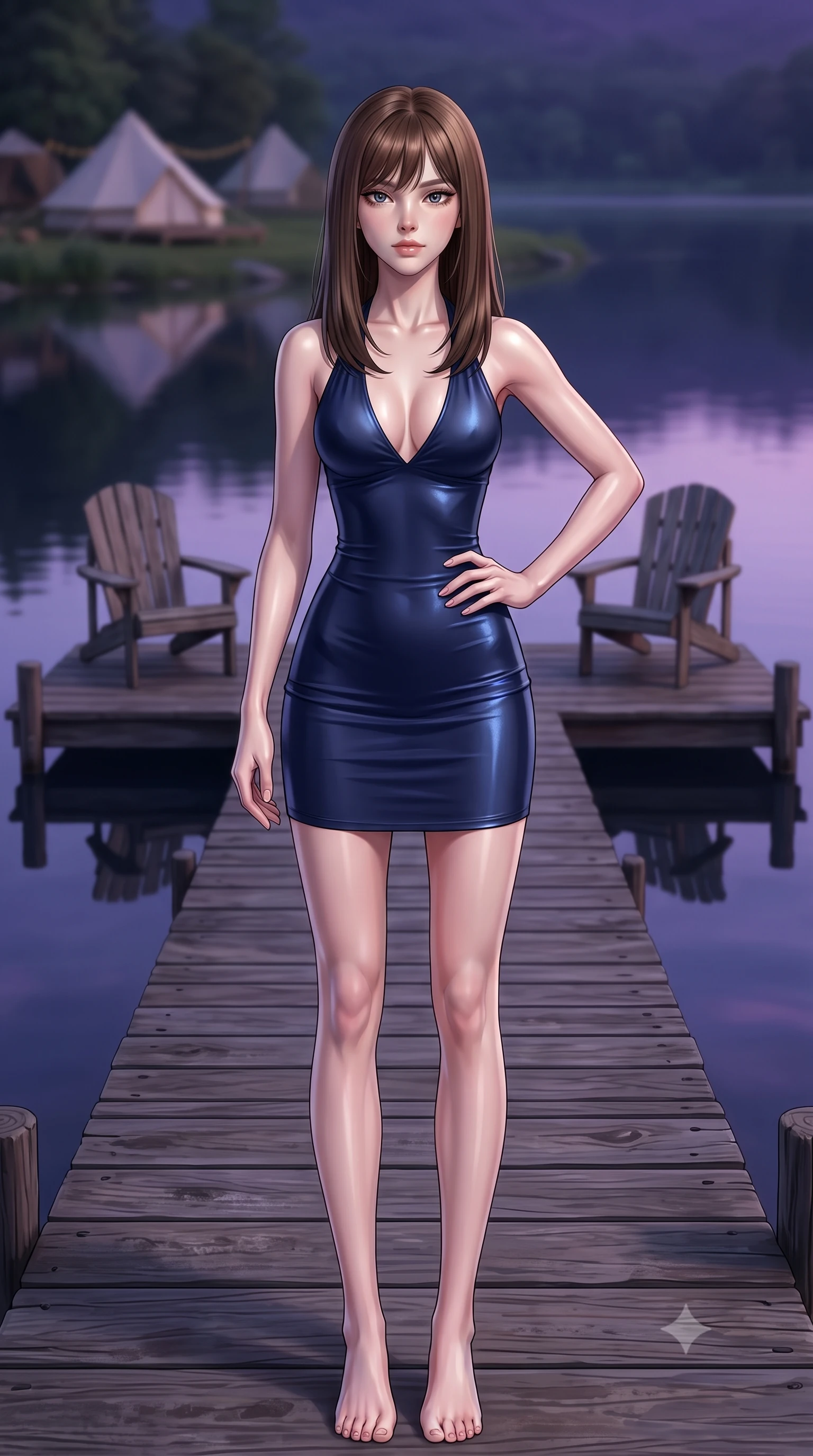 score_9, masterpiece, best quality, ultra-detailed, high-budget anime keyframe, editorial fashion photography, tasteful artistic composition, Korean woman. low angle full-body shot from head to toe showing her feet, filling the entire 9:16 vertical frame with her statuesque presence, stretching her vertical silhouette. posing confidently with one hand on her hip, stretching her statuesque body to emphasize her curves the background shows a soft-focus a private lakeside pier extending from a glamping site, with two wooden chairs. She has an absolutely perfect, statuesque 8.5-heads proportion, an exceptionally tall and slender model-like female figure with impossibly long slender legs and an ultra-slim waist. sharp v-shaped jawline, high-bridge nose, intricate jewel-like eyes with depth, thick eyelashes, glossy lips with a natural sheen. wearing a body-hugging form-fitting halter dress in deep navy blue, contouring her athletic, slender build. the serene purple and blue hues of twilight reflecting on the still water. ultra-reflective glossy finish, specular highlights, metallic sheen, high-contrast stereoscopic depth, volumetric dynamic lighting, 2k, ultra detail, master piece, 9:16 ratio