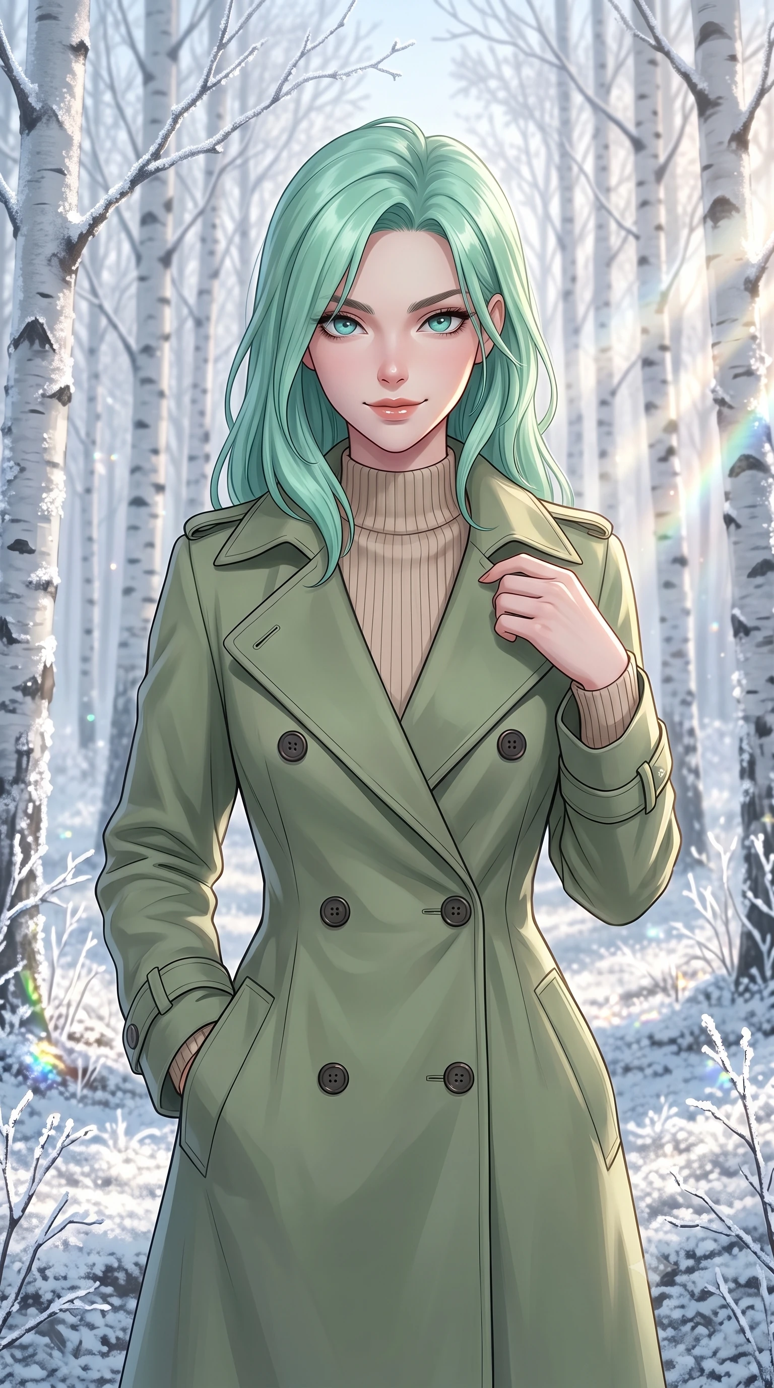 score_9, masterpiece, best quality, ultra-detailed, high-budget anime keyframe, editorial fashion photography, tasteful artistic composition, Japanese woman. close-up cowboy shot from the waist and thighs up, the character dominates the composition, filling the frame with her large presence, background elements kept in soft focus. Exhibiting a confident, playful smirk directly into the camera. set against a soft-focus background of walking through a quiet white birch grove where every twig is coated in a thick layer of crystal frost at sunrise. She has an exceptionally elegant, slender, and willowy female figure with a highly-defined ultra-slim waist, a gracefully sculpted slender torso, and a refined slim-fit silhouette that contours her form. sharp v-shaped jawline, high-bridge nose, intricate jewel-like eyes with depth, thick eyelashes, glossy lips with a natural sheen. wearing a structured double-breasted trench in soft olive green over a beige ribbed knit mock-neck top. cold morning sunbeams cutting through the birch trees, creating a sparkling prismatic glare on the frosted forest. 2k, ultra detail, master piece, 9:16 ratio