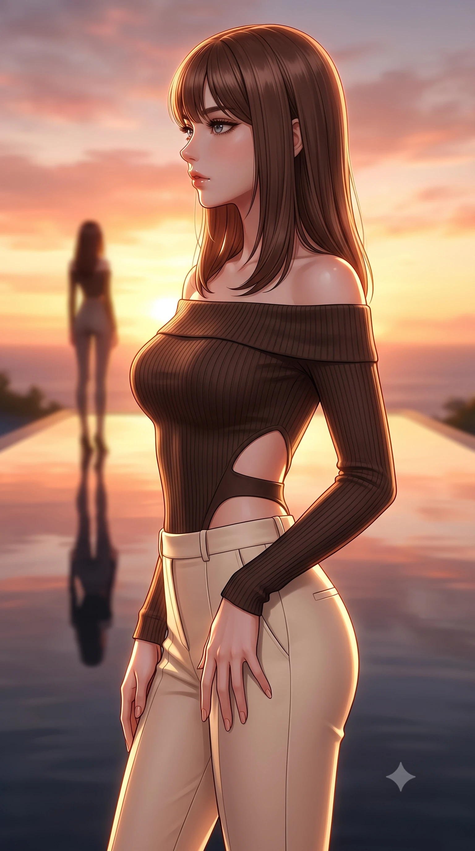 score_9, masterpiece, best quality, ultra-detailed, high-budget anime keyframe, editorial fashion photography, tasteful artistic composition, Korean woman. close-up cowboy shot from the waist and thighs up, the character dominates the composition, filling the frame with her large presence, background elements kept in soft focus. Turning her face in sharp dramatic profile against the bright light, showcasing her sharp v-shaped jawline poised beside an infinity reflecting pool mirroring a warm sunset sky, still pool waters reflecting her slender silhouette and the open sky. She has an exceptionally elegant, slender, and willowy female figure with an ultra-slim waist, a gracefully sculpted slender torso, and a refined silhouette. sharp v-shaped jawline, high-bridge nose, intricate jewel-like eyes with depth, thick eyelashes, glossy lips with a natural sheen. wearing a sleek off-shoulder ribbed knit top paired with high-waist tailored pants in espresso brown and warm cream, formed from sleek second-skin neoprene, featuring clean architectural cutouts along her slender torso, the sleek second-skin texture accentuating her magnetic presence. illuminated by soft glowing sunset radiance with dramatic golden rim highlights. highly saturated vibrant anime colors, detailed shading with soft gradients, rich glossy textures, high-contrast stereoscopic depth, volumetric dynamic lighting, master piece, 9:16 ratio
