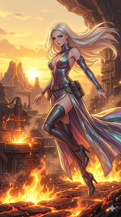 score_9, masterpiece, best quality, ultra-detailed, high-budget anime movie keyframe, cinematic anime lighting, intricate line art, Korean woman. Low angle cowboy shot filling the entire 9:16 frame with her statuesque presence. leaping gracefully in 