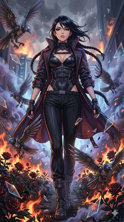 score_9, masterpiece, best quality, ultra-detailed, Set A: High-budget Anime Keyframe, Japanese woman. Low angle cowboy shot filling the entire 9:16 frame with her statuesque presence. Standing victoriously through a burning rose garden, surrounded b