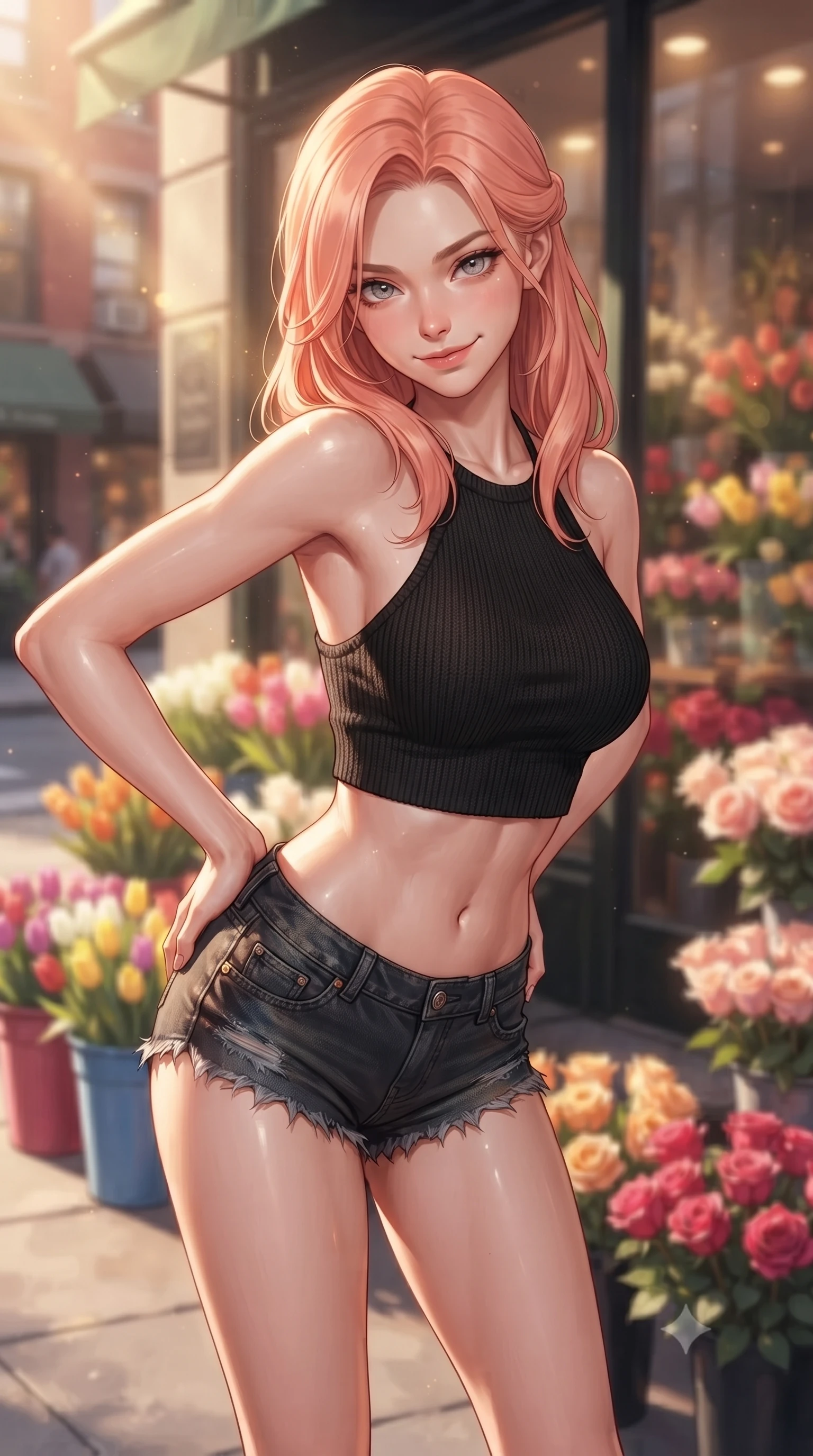 score_9, masterpiece, best quality, ultra-detailed, high-budget anime keyframe, editorial fashion photography, tasteful artistic composition, Japanese woman woman. close-up cowboy shot from the waist and thighs up, the character dominates the composition, filling the frame with her large presence, background elements kept in soft focus. leaning slightly forward with a playful, teasing smile, her gaze locked onto the viewer the background shows a soft-focus the front of a chic flower shop in the city, with buckets of fresh tulips and roses on the sidewalk. She has an exceptionally elegant, slender, and willowy female figure with an ultra-slim waist, a gracefully sculpted slender torso, and a refined silhouette. sharp v-shaped jawline, high-bridge nose, intricate jewel-like eyes with depth, thick eyelashes, glossy lips with a natural sheen. wearing a body-hugging chic knit halter crop top paired with denim micro-shorts, showing her delicately sculpted midriff. warm afternoon sunbeams reflecting off the glass shopfront and colorful flowers. ultra-reflective glossy finish, specular highlights, metallic sheen, high-contrast stereoscopic depth, volumetric dynamic lighting, 2k, ultra detail, master piece, 9:16 ratio
