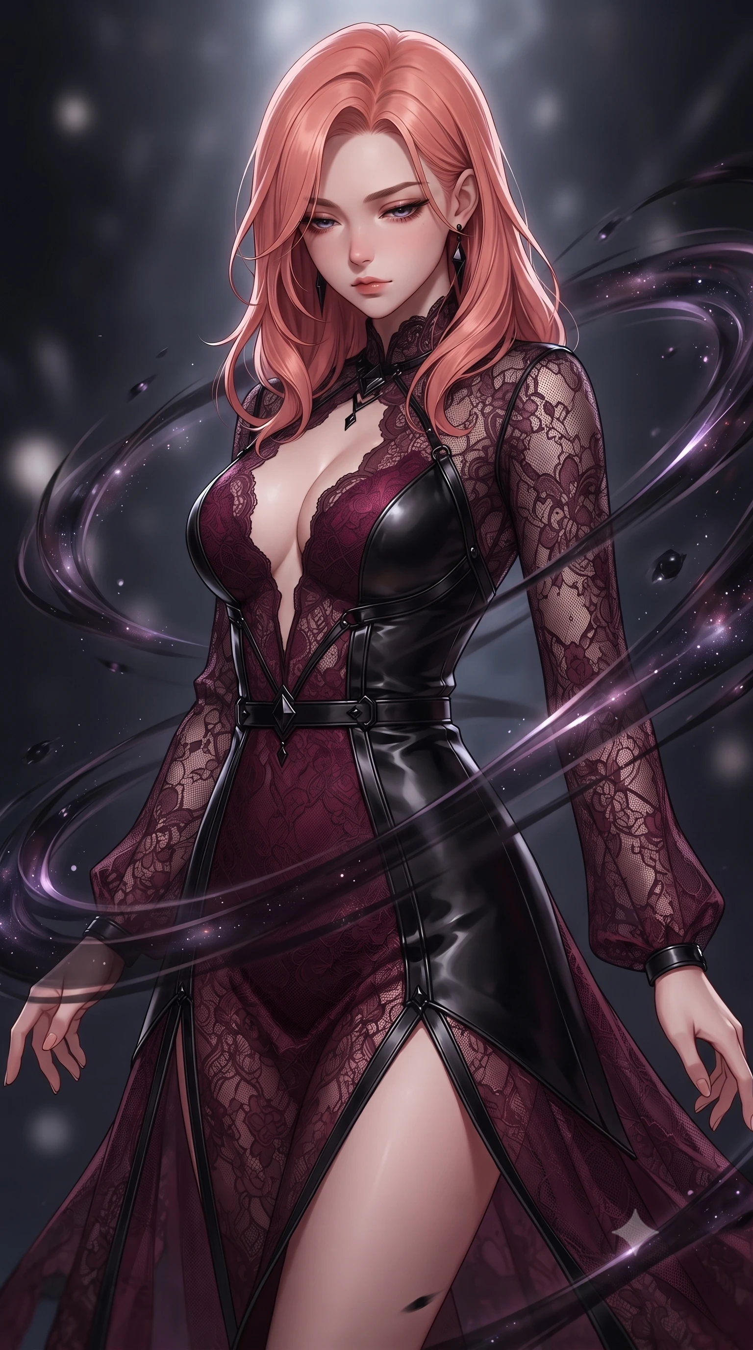 score_9, masterpiece, best quality, ultra-detailed, high-budget anime keyframe, editorial fashion photography, tasteful artistic composition, Japanese woman. close-up cowboy shot from the waist and thighs up, the character dominates the composition, filling the frame with her large presence, background elements kept in soft focus. Looking down with lowered lashes and a composed, powerful dark aura, resting near a giant dark canvas emitting subtle dark violet light ribbons, swirling fluid motion paths frozen in zero gravity around her. She has an exceptionally elegant, slender, and willowy female figure with an ultra-slim waist, a gracefully sculpted slender torso, and a refined silhouette. sharp v-shaped jawline, high-bridge nose, intricate jewel-like eyes with depth, thick eyelashes, glossy lips with a natural sheen. wearing gothic nebula sheer dark lace gown with plunging neckline in deep crimson burgundy, made of polished black leather, adorned with minimalist black onyx hardware framing the silhouette, following her slender form with tailored precision. surrounded by a dramatic dark glossy aura with sharp edge lighting. highly saturated vibrant anime colors, detailed shading with soft gradients, rich glossy textures, high-contrast stereoscopic depth, volumetric dynamic lighting, master piece, 9:16 ratio