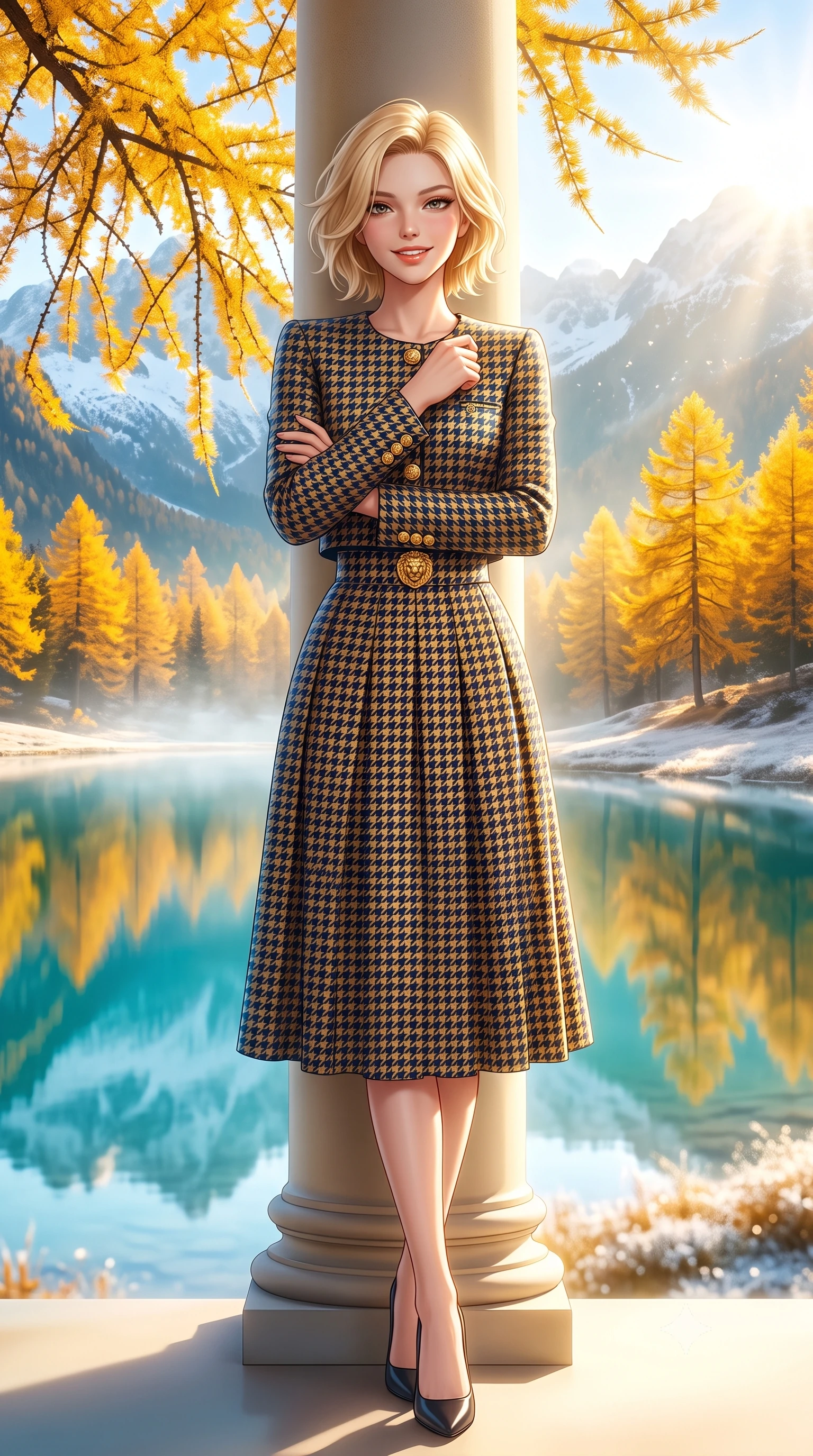 score_9, masterpiece, best quality, ultra-detailed, high-budget anime keyframe, semi-realistic 3D game render, editorial fashion photography, tasteful artistic composition, Caucasian woman. low angle full-body shot from head to toe showing her feet, filling the entire 9:16 vertical frame with her statuesque presence, stretching her vertical silhouette. leaning lightly against the sunlit architectural column with arms crossed loosely, flashing a warm, confident smile while pausing beneath a stand of brilliant golden larch trees reflecting in the turquoise water, holding her coat lapels with refined elegance. The background shows a soft-focus mirror-like turquoise lake reflecting snow peaks, blazing golden needle larch trees, and early morning shoreline frost blurred into turquoise, marigold, and frost white bokeh. She has an exceptionally tall and slender model-like 8.5-heads proportion, an ultra-slim waist, a flat toned midriff, narrow delicate ribcage, and beautifully sculpted feminine hips creating a graceful, slim hourglass silhouette without any bulky heaviness, with impossibly long slender legs. sharp v-shaped jawline, high-bridge nose, intricate jewel-like sparkling eyes with depth, thick eyelashes, glossy parted lips with a natural peach sheen, bright cheerful beaming smile with an enchanting and coquettish sensual glint, exuding both youthful cute charm and seductive allure, flawlessly proportioned anatomical accuracy, strict slender model proportions, natural body alignment, perfectly sculpted long slender limbs, ultra-slim waistline, clean dynamic posture without body distortion. wearing a structured houndstooth tweed jacket with gold embossed buttons and a matching pleated A-line midi skirt in Ginza vintage brass gold and midnight navy, made of crisp Egyptian cotton poplin with pristine tailored pressing, accented with an ornate 24k gold lion-embossed crest button along the front closure, the precision-cut high-waisted tailoring accentuating her ultra-slim waist and long slender leg line with immaculate aristocratic poise. bathed in crisp, sparkling morning sun breaking over mountain crests, illuminating lake mist with ethereal golden backlighting. highly saturated vibrant anime colors, detailed shading with soft gradients, rich glossy textures, high-contrast stereoscopic depth, volumetric dynamic lighting, master piece, 9:16 ratio