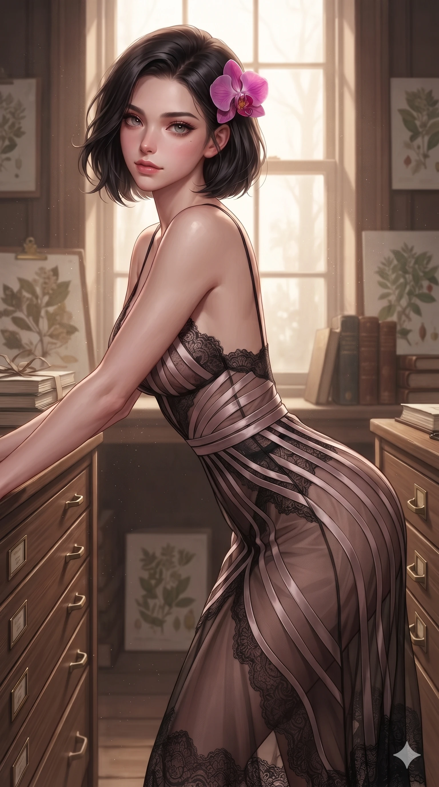 score_9, masterpiece, best quality, ultra-detailed, high-budget anime keyframe, editorial fashion photography, tasteful artistic composition, Caucasian woman. close-up cowboy shot from the waist and thighs up, the character dominates the composition, filling the frame with her large presence. leaning forward while arching her lower back to accentuate her curvy hips, looking into the camera with an intoxicating smoldering gaze and bedroom-eyes while standing poised between floor-to-ceiling wooden specimen drawers with hips cocked back, looking back with an intoxicating, smoldering gaze. The background shows a soft-focus historic Victorian botanical archive softened in scholarly sanctuary shallow focus. She has an exceptionally elegant, slender, and willowy female figure with an ultra-slim waist, flat toned midriff, narrow ribcage, and sculpted feminine hips creating an alluring, slim hourglass silhouette without bulk. sharp v-shaped jawline, high-bridge nose, sparkling eyes with hypnotic seductive depth, thick curled eyelashes, glossy parted lips with a natural dewy peach sheen, alluring bedroom-eyes with an enchanting coquettish smile, exuding magnetic siren charisma and sophisticated glamour, flawlessly proportioned anatomical accuracy, strict slender model proportions, natural body alignment, perfectly sculpted long slender limbs, ultra-slim waistline, clean dynamic posture without body distortion. wearing a plunge-front sheer illusion tulle slip dress with liquid platinum ribbon stripes hugging her curves in dusky blush rose and antique black chantilly lace, crafted from layered gossamer black organza with weightless, smoky flutter, accented with a fresh-bloomed exotic magenta orchid tucked gracefully into her dark glossy hair, the liquid-tight tailored fabric clinging flawlessly to her narrow waist and rounded feminine hips, emphasizing every millimeter of her sculpted slim hourglass curves without any bulky heaviness. bathed in soft warm afternoon light streaming through tall library sash windows with drifting dust motes. ultra-reflective glossy finish, specular highlights, rich textural contrasts, high-contrast stereoscopic depth, volumetric dynamic lighting, 2k, ultra detail, master piece, 9:16 ratio