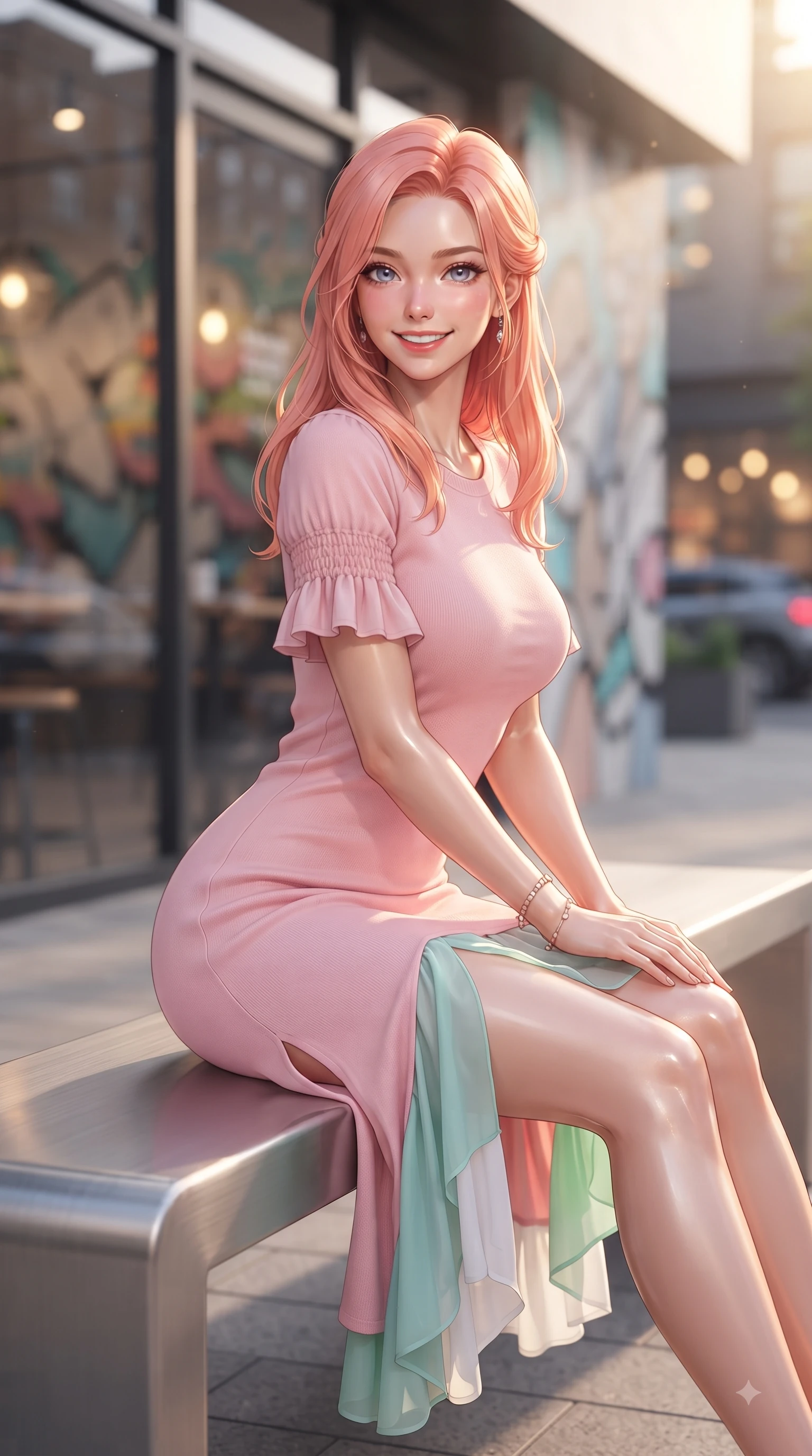 score_9, masterpiece, best quality, ultra-detailed, high-budget anime keyframe, editorial fashion photography, tasteful artistic composition, Japanese woman. close-up cowboy shot from the waist and thighs up, the character dominates the composition, filling the frame with her large presence. Gazing directly into the camera with a fresh, infectious smile as her torso curves dynamically in mid-stride while resting on a sleek modern outdoor bench outside a trendy dessert cafe with a joyful expression. The composition keeps background elements in soft focus with dreamy bokeh. stylish street art murals and modern shop windows softened by gentle shallow depth of field. She has an exceptionally elegant, slender, and willowy female figure with an ultra-slim waist, a gracefully sculpted slender torso, and a refined silhouette. sharp v-shaped jawline, high-bridge nose, intricate jewel-like eyes with depth, thick eyelashes, glossy lips with a natural sheen, flawlessly proportioned anatomical accuracy, natural body alignment, perfectly sculpted elegant limbs, clean dynamic posture without body distortion. wearing a form-flattering pastel pink sleeveless knit midi dress with a tasteful side slit in refreshing mint green and crisp white, made of fine lightweight chiffon that flutters gently in the breeze, accented with soft smocked details and fluttery cuffs, the tailored casual silhouette highlighting her fresh and youthful presence. bathed in bright golden hour sunshine and warm urban ambient illumination. ultra-reflective glossy finish, specular highlights, metallic sheen, high-contrast stereoscopic depth, volumetric dynamic lighting, 2k, ultra detail, master piece, 9:16 ratio