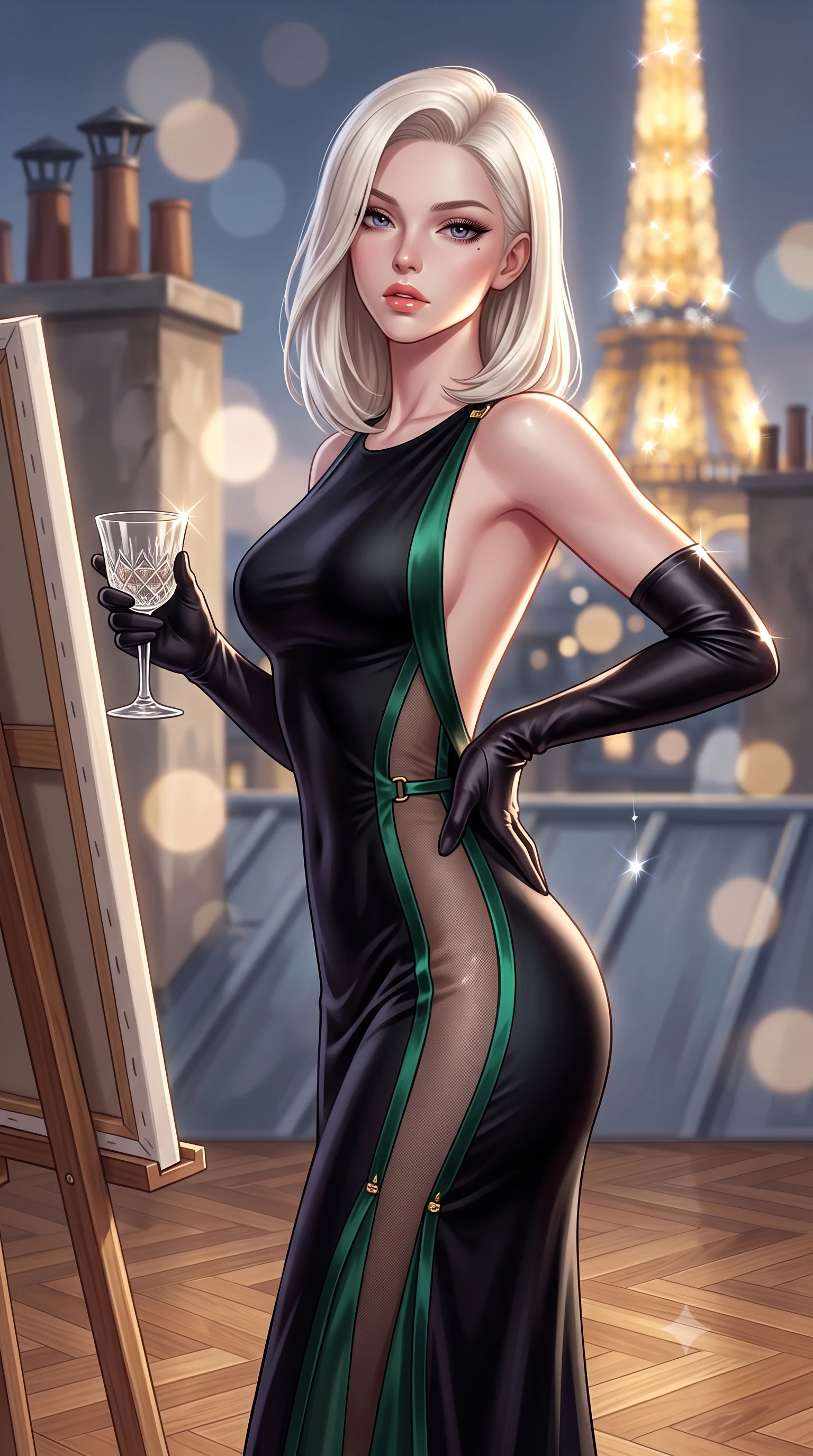 score_9, masterpiece, best quality, ultra-detailed, high-budget anime keyframe, semi-realistic 3D game render, editorial fashion photography, tasteful artistic composition, Caucasian woman. close-up cowboy shot from the waist and thighs up, the character dominates the composition, filling the frame with her large presence. resting one manicured hand delicately on her hip bone, her upper body turning in a fluid, seductive S-curve while parted lips glisten in the light while standing poised on the polished chevron oak floor beside an artist's canvas easel, twisting her slender torso in an alluring contrapposto stance. The composition keeps background elements in soft focus with creamy bokeh. sparkling Eiffel Tower light show and classic zinc rooftop chimneys blurred into champagne, slate blue, and golden bokeh. She has an exceptionally elegant, slender, and willowy female figure with an ultra-slim waist, flat toned midriff, narrow ribcage, and sculpted feminine hips creating an alluring, slim hourglass silhouette without bulk. sharp v-shaped jawline, high-bridge nose, intricate jewel-like eyes with depth, thick eyelashes, glossy parted lips with a natural sheen, intensely captivating and seductive bedroom-eyes expression, flawlessly proportioned anatomical accuracy, strict slender model proportions, natural body alignment, perfectly sculpted long slender limbs, ultra-slim waistline, clean dynamic posture without body distortion. wearing a second-skin black silk jersey maxi dress with asymmetrical sheer mesh side panels tracing the full curve of her hip in deep emerald green satin and gold hardware, tailored from liquid silk jersey adhering flawlessly to her slender build, accessorized with opera-length satin gloves and a vintage crystal glass, the precision-cut side openings and low-back scoop framing her graceful spine and the sensual sweep of her slim, toned hips. illuminated by sparkling Eiffel Tower light glints defining her razor-sharp jawline, narrow waist, and curvy hips. highly saturated vibrant anime colors, detailed shading with soft gradients, rich glossy textures, high-contrast stereoscopic depth, volumetric dynamic lighting, master piece, 9:16 ratio
