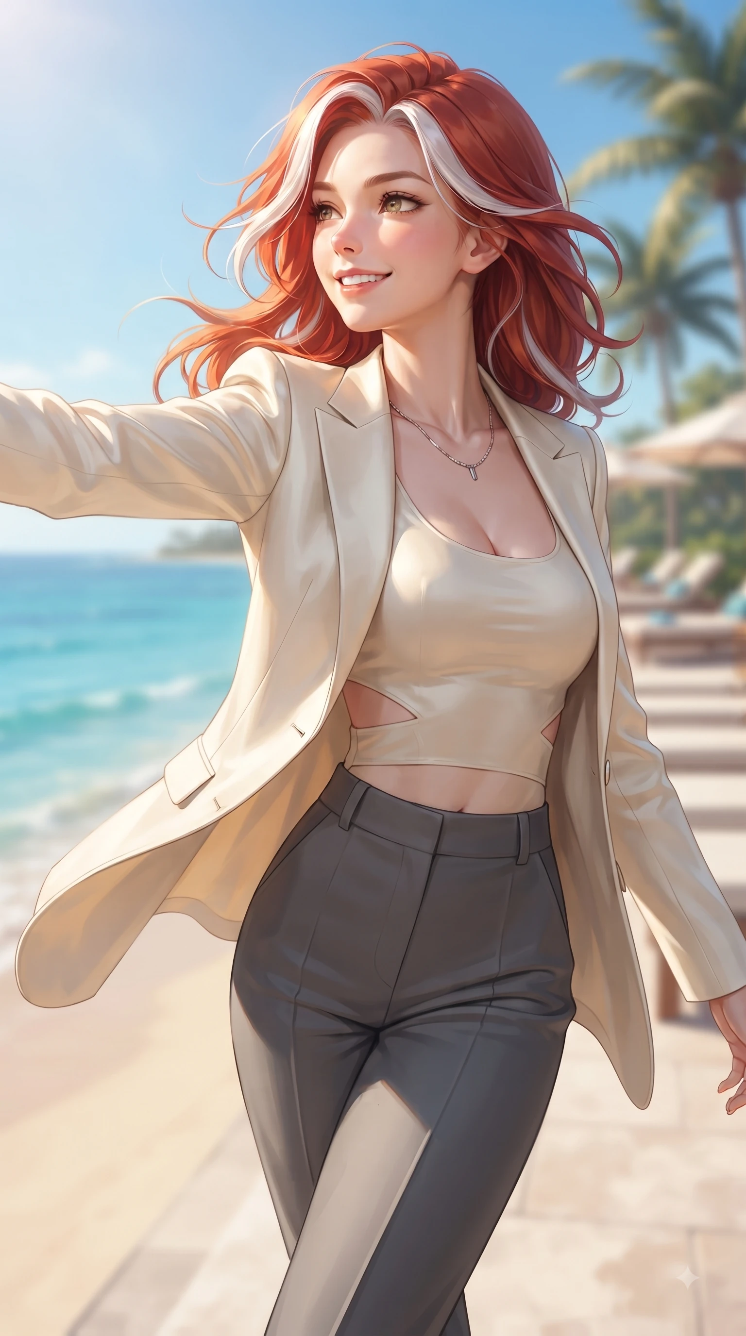 score_9, masterpiece, best quality, ultra-detailed, high-budget anime keyframe, editorial fashion photography, tasteful artistic composition, Caucasian woman. close-up cowboy shot from the waist and thighs up, the character dominates the composition, filling the frame with her large presence, background elements kept in soft focus. Extending one arm in an elegant stretch toward the light while smiling with vibrant, youthful self-assurance while reaching out cheerfully to feel the fresh ocean breeze while smiling happily at the sea, fresh ocean breeze billowing her summer sundress into fluid, uplifting motions. She has an exceptionally elegant, slender, and willowy female figure with an ultra-slim waist, a gracefully sculpted slender torso, and a refined silhouette. sharp v-shaped jawline, high-bridge nose, intricate jewel-like eyes with depth, thick eyelashes, glossy lips with a natural sheen, flawlessly proportioned anatomical accuracy, natural body alignment, perfectly sculpted elegant limbs, clean dynamic posture without body distortion. wearing a tailored cream silk blazer over a form-contouring scoop-neck top and slacks in charcoal grey and platinum, crafted from smooth liquid silk, featuring subtle geometric cutouts that highlight her ultra-slim midriff, the tailored fabric tightly following every curve of her athletic build. surrounded by a fresh, sun-drenched, and relaxing vacation atmosphere. ultra-reflective glossy finish, specular highlights, metallic sheen, high-contrast stereoscopic depth, volumetric dynamic lighting, 2k, ultra detail, master piece, 9:16 ratio