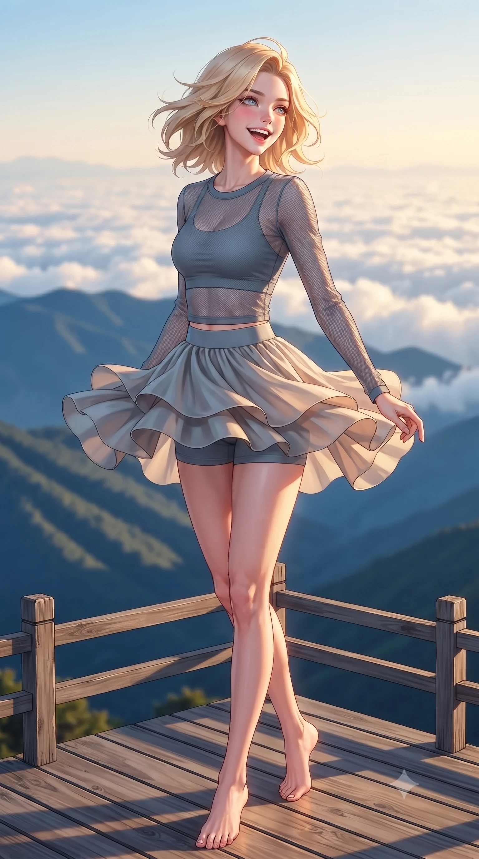 score_9, masterpiece, best quality, ultra-detailed, high-budget anime keyframe, editorial fashion photography, tasteful artistic composition, Caucasian woman. low angle full-body shot from head to toe showing her feet, filling the entire 9:16 vertical frame with her statuesque presence, stretching her vertical silhouette. twirling around with a playful, sensual laugh, her dress fluttering elegantly to accent her waistline set against a soft-focus background of on a scenic viewing platform overlooking distant blue mountain ridges resting on a wooden fence with a view of the distant clouds below. She has an absolutely perfect, statuesque 8.5-heads proportion, an exceptionally tall and slender model-like female figure with impossibly long slender legs and an ultra-slim waist. sharp v-shaped jawline, high-bridge nose, intricate jewel-like eyes with depth, thick eyelashes, glossy lips with a natural sheen. wearing tailored sheer mesh athletic top in slate grey, worn over a slim-fit sports bralette and shorts. golden hour sunset light casting long shadows of mountain peaks across the slope. highly saturated vibrant anime colors, detailed shading with soft gradients, rich glossy textures, high-contrast stereoscopic depth, volumetric dynamic lighting, master piece, 9:16 ratio