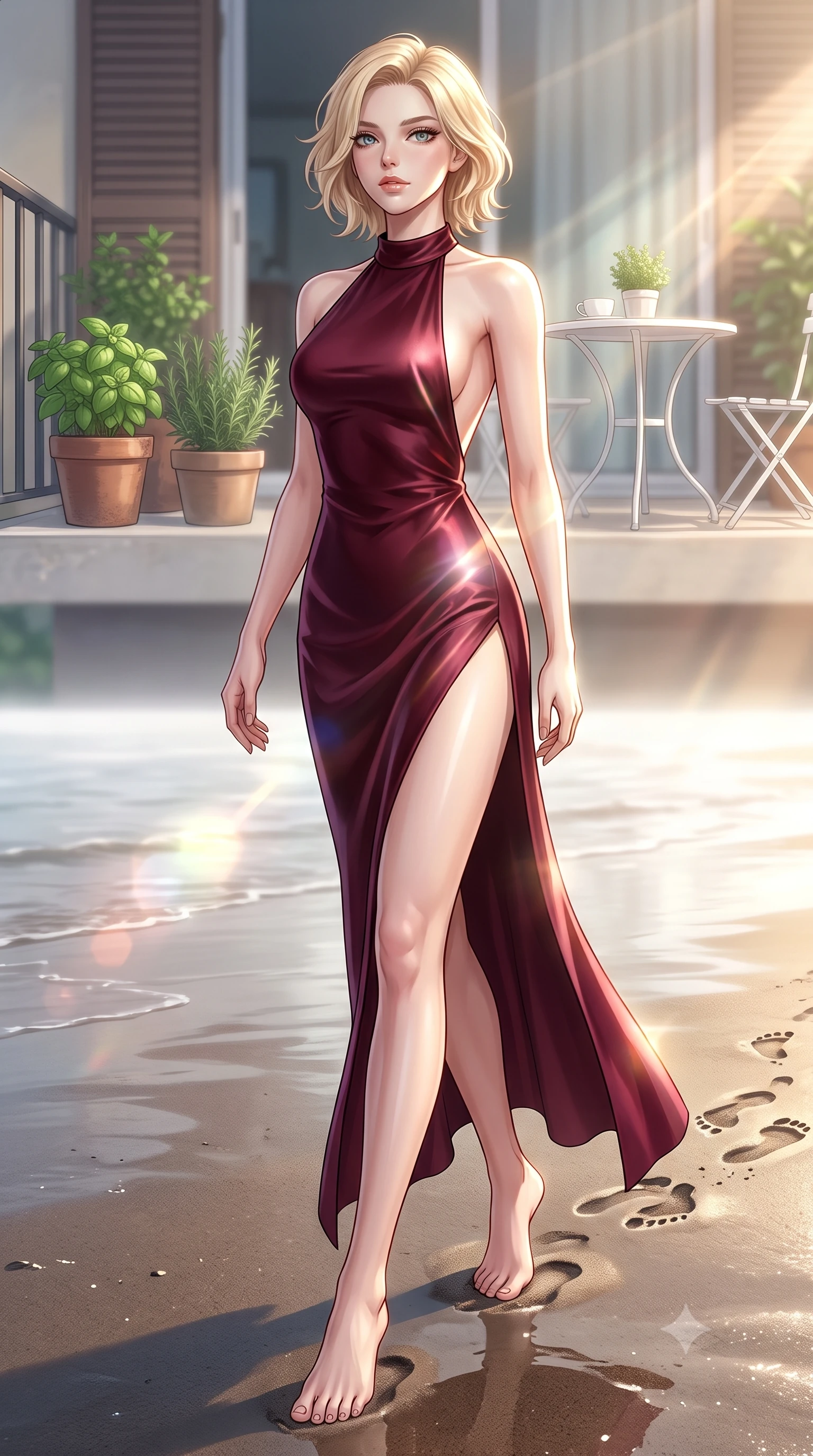 score_9, masterpiece, best quality, ultra-detailed, high-budget anime keyframe, editorial fashion photography, tasteful artistic composition, Caucasian woman woman. low angle full-body shot from head to toe showing her feet, filling the entire 9:16 vertical frame with her statuesque presence, stretching her vertical silhouette. walking slowly along the shoreline, leaving footprints in the wet sand the background shows a soft-focus a residential balcony decorated with potted herbs and a small white bistro set. She has an absolutely perfect, statuesque 8.5-heads proportion, an exceptionally tall and slender model-like female figure with impossibly long slender legs and an ultra-slim waist. sharp v-shaped jawline, high-bridge nose, intricate jewel-like eyes with depth, thick eyelashes, glossy lips with a natural sheen. wearing a tailored high-slit satin gown in deep burgundy with an elegant halter neck and open back. bright morning sun rays creating a fresh and energetic mood. 2k, ultra detail, master piece, 9:16 ratio