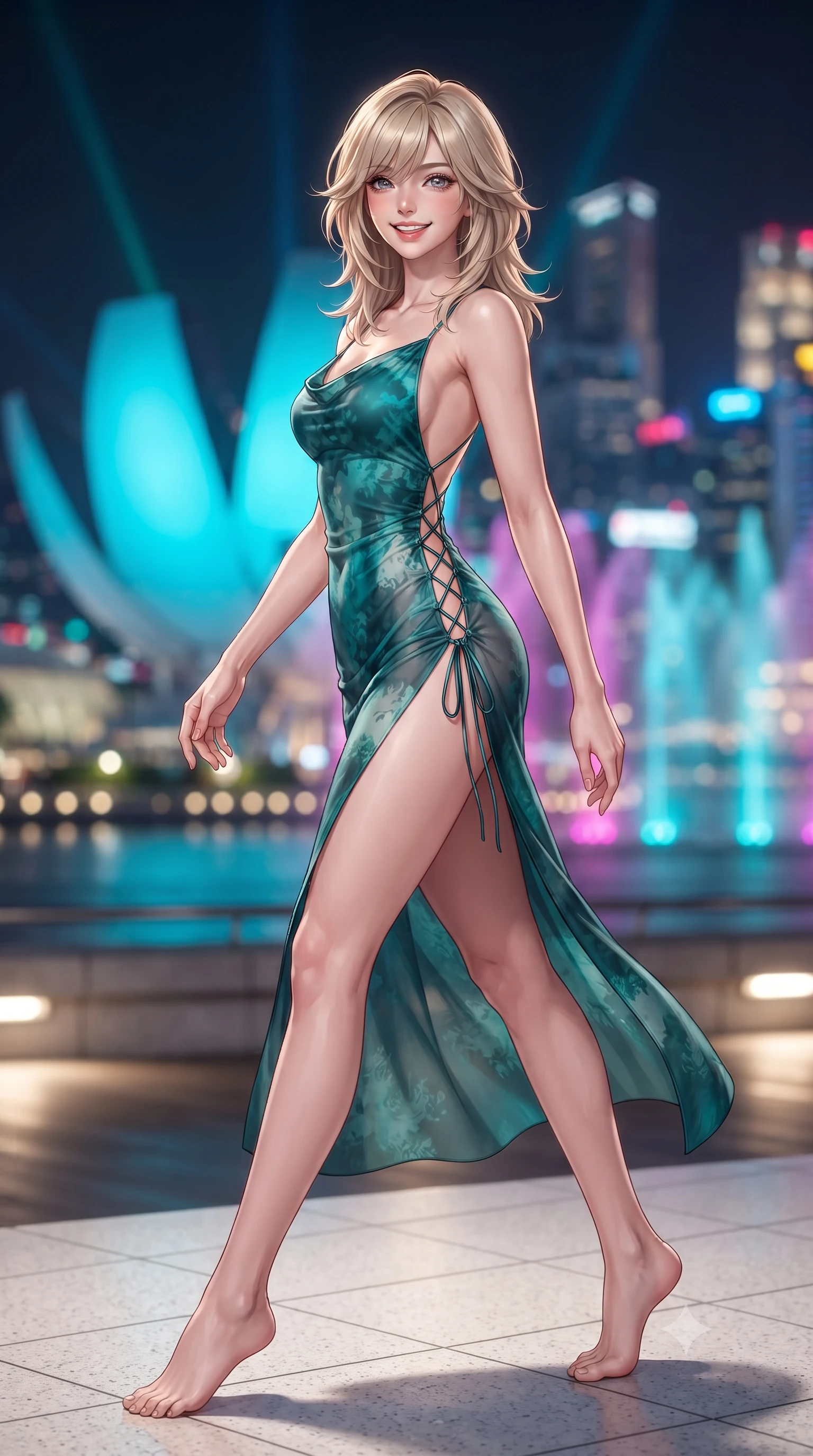 score_9, masterpiece, best quality, ultra-detailed, high-budget anime keyframe, editorial fashion photography, tasteful artistic composition, Japanese woman. low angle full-body shot from head to toe showing her feet, filling the entire 9:16 vertical frame with her statuesque presence, stretching her vertical silhouette. stepping forward in a confident stride, her long slender legs and curvaceous hips creating a dynamic, sweeping vertical line while twisting her slender torso in an alluring contrapposto stance on the white granite deck, glowing city highway lights and lasers tracing her narrow waist and hips. The background shows a soft-focus futuristic lotus-shaped ArtScience Museum, glittering financial district towers, and Marina Bay laser water show blurred into electric cyan, magenta, and gold bokeh. She has an exceptionally tall and slender model-like 8.5-heads proportion, an ultra-slim waist, a flat toned midriff, narrow delicate ribcage, and beautifully sculpted feminine hips creating a graceful, slim hourglass silhouette without any bulky heaviness, with impossibly long slender legs. sharp v-shaped jawline, high-bridge nose, intricate jewel-like sparkling eyes with depth, thick eyelashes, glossy parted lips with a natural peach sheen, bright cheerful beaming smile with an enchanting and coquettish sensual glint, exuding both youthful cute charm and seductive allure, flawlessly proportioned anatomical accuracy, strict slender model proportions, natural body alignment, perfectly sculpted long slender limbs, ultra-slim waistline, clean dynamic posture without body distortion. wearing a form-contouring gossamer silk chiffon slip dress with a hip-high slit and open cowl back clinging with dewy moisture in Verdon canyon emerald turquoise and dewy alabaster, woven from fine semi-opaque stretch illusion mesh tracing her slender contours, featuring fine criss-cross lace-up side ties revealing tantalizing glimpses of her hip curve, the glove-like clinging cut tightly following the natural contour of her hips and long slender legs with youthful 8.5-heads elegance. bathed in the dynamic multi-colored ambient of the illuminated bay lasers contrasted with warm 2900K recessed deck cove downlights. ultra-reflective glossy finish, specular highlights, rich textural contrasts, high-contrast stereoscopic depth, volumetric dynamic lighting, 2k, ultra detail, master piece, 9:16 ratio