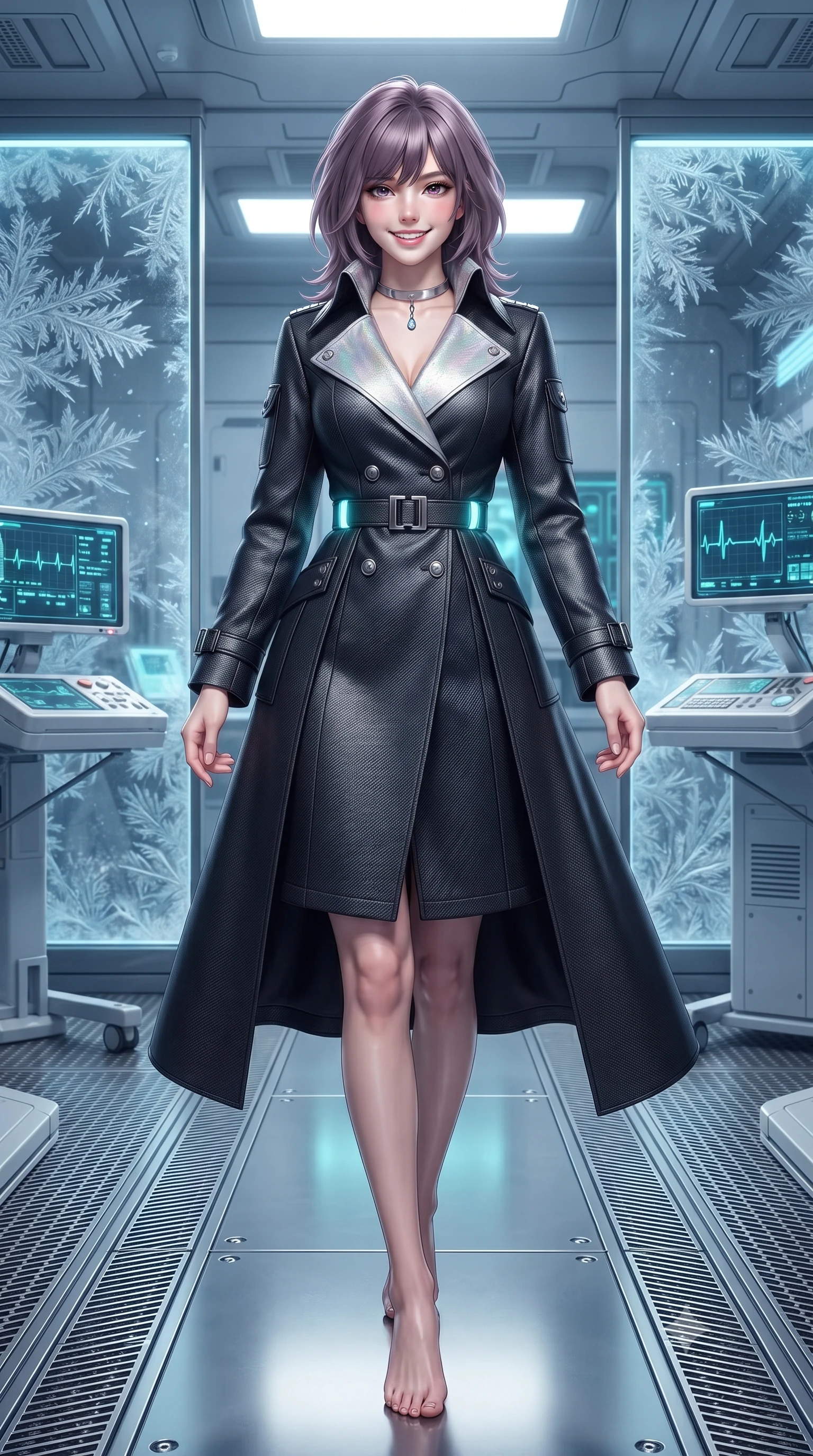 score_9, masterpiece, best quality, ultra-detailed, high-budget anime keyframe, editorial fashion photography, tasteful artistic composition, Japanese woman. low angle full-body shot from head to toe showing her feet, filling the entire 9:16 vertical frame with her statuesque presence, stretching her vertical silhouette. stepping slowly toward the camera with hypnotic grace, hips swaying in an alluring sensual rhythm that accentuates her curvy hourglass silhouette and long slender legs while twisting her slender torso in an alluring contrapposto stance, soft cyan bioluminescent reconstruction lights illuminating her narrow waist and curvy hips. The surrounding environment is rendered in vivid detail and crisp panoramic clarity: sharp stainless steel grating textures, frozen frost dendrites on glass, and digital vital sign monitors in deep focus. She has an exceptionally tall and slender model-like 8.5-heads proportion, an ultra-slim waist, a flat toned midriff, narrow delicate ribcage, and beautifully sculpted feminine hips creating a graceful, slim hourglass silhouette without any bulky heaviness, with impossibly long slender legs. sharp v-shaped jawline, high-bridge nose, intricate jewel-like sparkling eyes with depth, thick eyelashes, glossy parted lips with a natural peach sheen, bright cheerful beaming smile with an enchanting and coquettish sensual glint, exuding both youthful cute charm and seductive allure, flawlessly proportioned anatomical accuracy, strict slender model proportions, natural body alignment, perfectly sculpted long slender limbs, ultra-slim waistline, clean dynamic posture without body distortion. wearing a bespoke tactical commander trench coat in matte carbon-weave with magnetic utility buckles, storm flaps, and high standing collar in iridescent mother-of-pearl and liquid molten silver, woven from structured carbon-fiber jacquard with rich textural depth, finished with a minimalist chrome choker and a single teardrop diamond pendant, the impeccably tailored cut draping gracefully along her slender figure with aristocratic poise. illuminated by polished floor reflection bounce and sharp frost-cyan rim lights defining her razor-sharp jawline, narrow waist, and curvy hips. ultra-reflective glossy finish, specular highlights, rich textural contrasts, high-contrast stereoscopic depth, volumetric dynamic lighting, 2k, ultra detail, master piece, 9:16 ratio