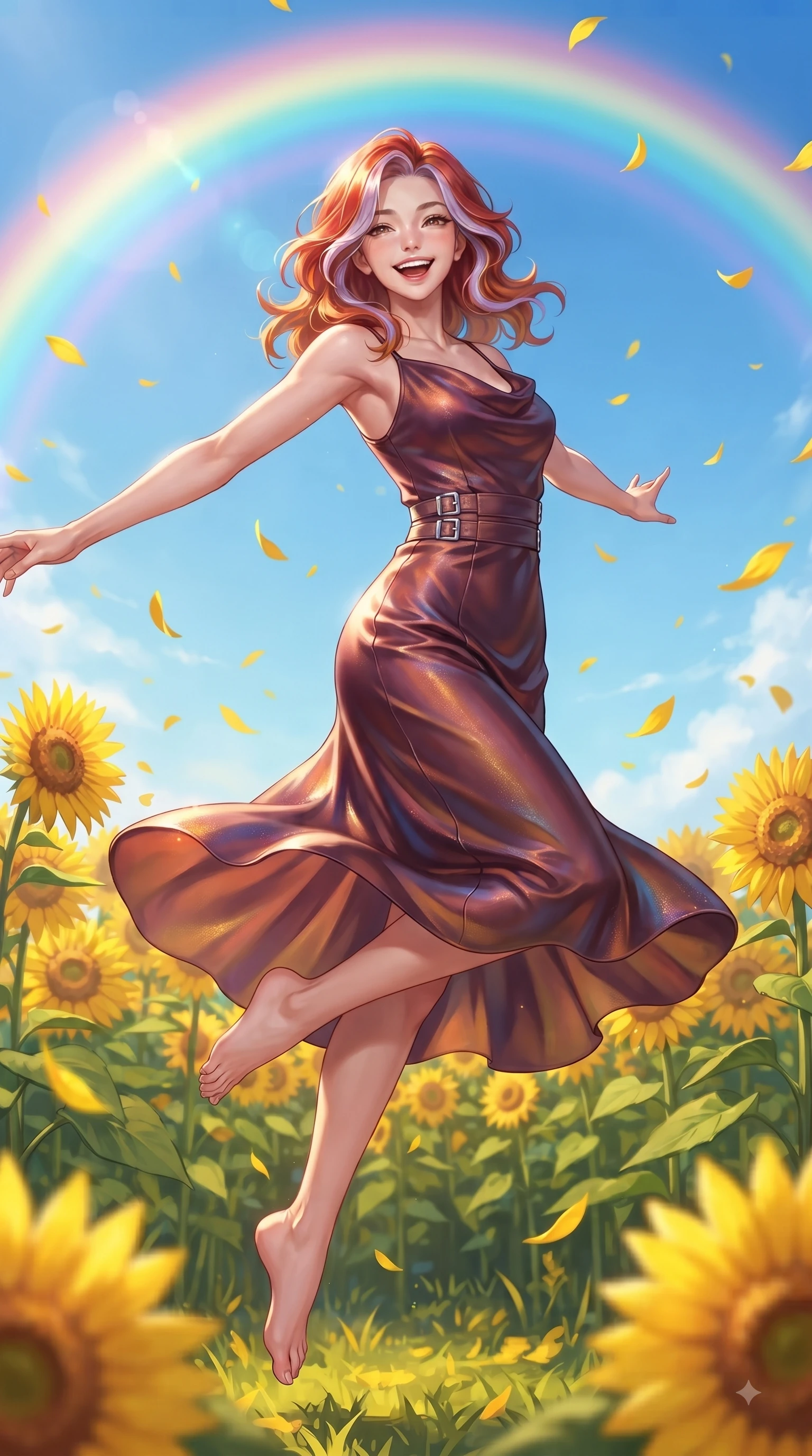 score_9, masterpiece, best quality, ultra-detailed, high-budget anime keyframe, editorial fashion photography, tasteful artistic composition, Caucasian woman. low angle full-body shot from head to toe showing her feet, filling the entire 9:16 vertical frame with her statuesque presence, stretching her vertical silhouette. performing a cheerful mid-air rotation with flawless poise, her radiant smile capturing pure happy energy while spinning in mid-air with a delighted laughing expression as yellow petals rain around her, vivid golden sunflowers swaying in a gentle spring breeze under a radiant rainbow arc. She has an absolutely perfect, statuesque 8.5-heads proportion, an exceptionally tall and slender model-like female figure with impossibly long slender legs and an ultra-slim waist. sharp v-shaped jawline, high-bridge nose, intricate jewel-like eyes with depth, thick eyelashes, glossy lips with a natural sheen, flawlessly proportioned anatomical accuracy, natural body alignment, perfectly sculpted elegant limbs, clean dynamic posture without body distortion. wearing an elegant cowl-neck satin midi dress with a graceful draped neckline in deep burgundy and bronze, crafted from iridescent chiffon that shifts colors in the light, detailed with polished silver buckles along the waistline, the tailored fabric tightly following every curve of her athletic build. surrounded by a vibrant, uplifting atmosphere filled with golden radiance. ultra-reflective glossy finish, specular highlights, metallic sheen, high-contrast stereoscopic depth, volumetric dynamic lighting, 2k, ultra detail, master piece, 9:16 ratio