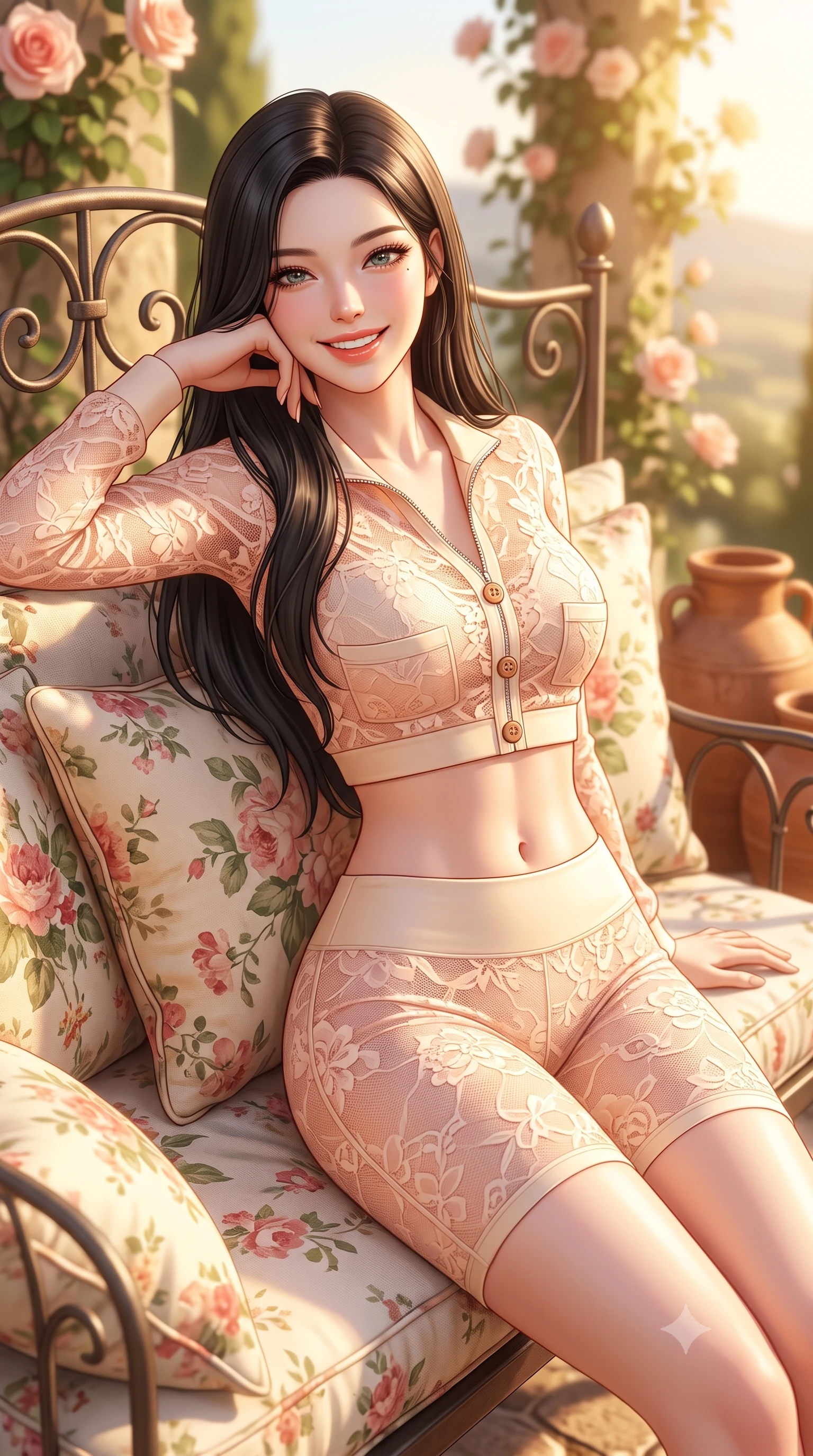 score_9, masterpiece, best quality, ultra-detailed, high-budget anime keyframe, semi-realistic 3D game render, editorial fashion photography, tasteful artistic composition, Korean woman. close-up cowboy shot from the waist and thighs up, the character dominates the composition, filling the frame with her large presence. leaning back against the sunlit railing with relaxed seductive grace, her flat midriff and narrow waist highlighted as she smiles brightly with bewitching eyes while reclining on a vintage iron daybed propped on one elbow, her flat midriff and willowy curves bathed in golden French countryside light. The composition keeps background elements in soft focus with dreamy creamy bokeh. climbing climbing roses and terracotta olive jars softened in romantic French shallow focus. She has an exceptionally elegant, slender, and willowy female figure with an ultra-slim waist, flat toned midriff, narrow ribcage, and sculpted feminine hips creating an alluring, slim hourglass silhouette without bulk. sharp v-shaped jawline, high-bridge nose, intricate jewel-like sparkling eyes with depth, thick eyelashes, glossy parted lips with a natural peach sheen, bright cheerful beaming smile with an enchanting and coquettish sensual glint, exuding both youthful cute charm and seductive allure, flawlessly proportioned anatomical accuracy, strict slender model proportions, natural body alignment, perfectly sculpted long slender limbs, ultra-slim waistline, clean dynamic posture without body distortion. wearing a sporty chic zip-up crop jacket paired with high-waisted biker shorts clinging to her athletic hips in pastel peach blossom pink and warm champagne ivory, made of sheer contouring stretch lace with delicate floral patterns, finished with neat front wooden buttons and delicate pocket details, the form-contouring cut accentuating her sculpted flat midriff, narrow delicate ribcage, and gracefully curvy hips with supermodel precision. bathed in brilliant golden hour southern French sunlight streaming across the purple hillside. highly saturated vibrant anime colors, detailed shading with soft gradients, rich glossy textures, high-contrast stereoscopic depth, volumetric dynamic lighting, master piece, 9:16 ratio
