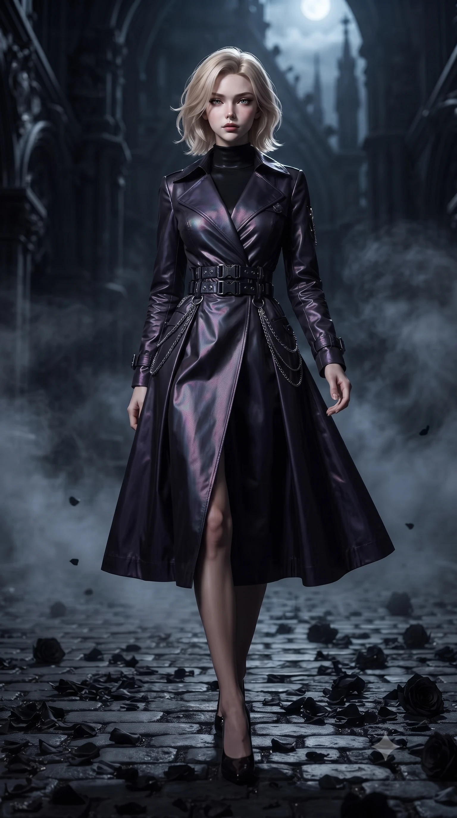 score_9, masterpiece, best quality, ultra-detailed, high-budget anime keyframe, editorial fashion photography, tasteful artistic composition, Caucasian woman. low angle full-body shot from head to toe showing her feet, filling the entire 9:16 vertical frame with her statuesque presence, stretching her vertical silhouette. navigating the midnight sanctuary with an effortless, graceful stride, poised on a dark cobblestone courtyard covered in scattered black rose petals, swirling midnight fog wrapping around her tall statuesque form. She has an absolutely perfect, statuesque 8.5-heads proportion, an exceptionally tall and slender model-like female figure with impossibly long slender legs and an ultra-slim waist. sharp v-shaped jawline, high-bridge nose, intricate jewel-like eyes with depth, thick eyelashes, glossy lips with a natural sheen. wearing structured dark charcoal trench dress over sleek high-neck top in smoky pitch black, made of iridescent dark violet taffeta, framed by dark titanium buckles and silver chain details, highlighting her statuesque proportions and ultra-slim waistline. surrounded by dramatic gothic chiaroscuro with sharp edge highlights. ultra-reflective glossy finish, specular highlights, metallic sheen, high-contrast stereoscopic depth, volumetric dynamic lighting, 2k, ultra detail, master piece, 9:16 ratio