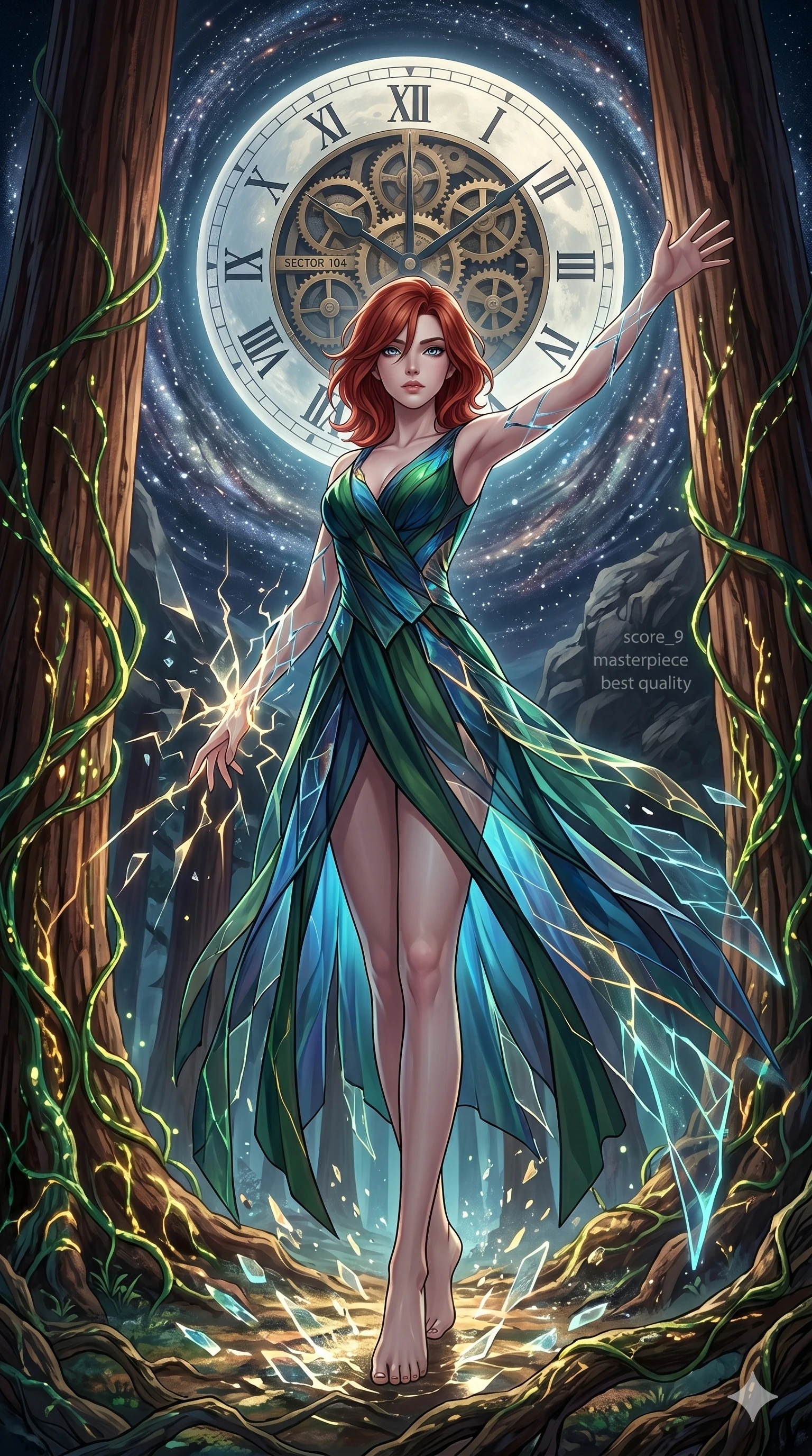 score_9, masterpiece, best quality, ultra-detailed, Set A: High-budget Anime Keyframe, Caucasian (human ears) woman. Low angle cowboy shot filling the entire 9:16 frame with her statuesque presence. Theme: Primal Nature. shattering the fabric of reality in a giant redwood forest with glowing vines, with a massive clockwork moon ticking behind her as sector 104. The atmosphere is filled with a swirling vortex of stars. She has an absolutely perfect 8-heads proportion, an exceptionally tall and slender female figure with impossibly long slender legs and an ultra-slim waist. Sharp v-shaped jawline, high-bridge nose, intricate jewel-like eyes with depth, glossy lips. Wearing Shattered-dimension dress where parts of the fabric seem to phase in and out. Cinematic lighting, vivid colors, dramatic shadows, 2k, ultra detail, master piece, 9:16 ratio