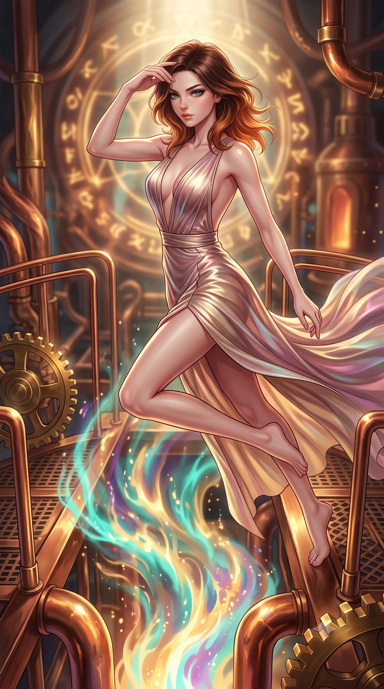 score_9, masterpiece, best quality, ultra-detailed, high-budget anime keyframe, editorial fashion photography, tasteful artistic composition, Korean woman. close-up cowboy shot from the waist and thighs up, the character dominates the composition, filling the frame with her large presence, background elements kept in soft focus. Resting her fingers gracefully near her temple, casting a sharp mysterious side-gaze during her stride while leaping across a copper catwalk as boiling liquid aurora energy erupts below, intricate copper pipes and brass gears gleam with furnace heat reflections. She has an exceptionally elegant, slender, and willowy female figure with an ultra-slim waist, a gracefully sculpted slender torso, and a refined silhouette. sharp v-shaped jawline, high-bridge nose, intricate jewel-like eyes with depth, thick eyelashes, glossy lips with a natural sheen, flawlessly proportioned anatomical accuracy, natural body alignment, perfectly sculpted elegant limbs, clean dynamic posture without body distortion. wearing a translucent iridescent chiffon gown with a plunging neckline and open back in dusty rose and champagne gold, crafted from smooth liquid silk, finished with a sleek side slit ascending to mid-thigh, the glove-like fit emphasizing her statuesque silhouette during motion. illuminated by golden alchemy rune radiance and dramatic top key light. highly saturated vibrant anime colors, detailed shading with soft gradients, rich glossy textures, high-contrast stereoscopic depth, volumetric dynamic lighting, master piece, 9:16 ratio