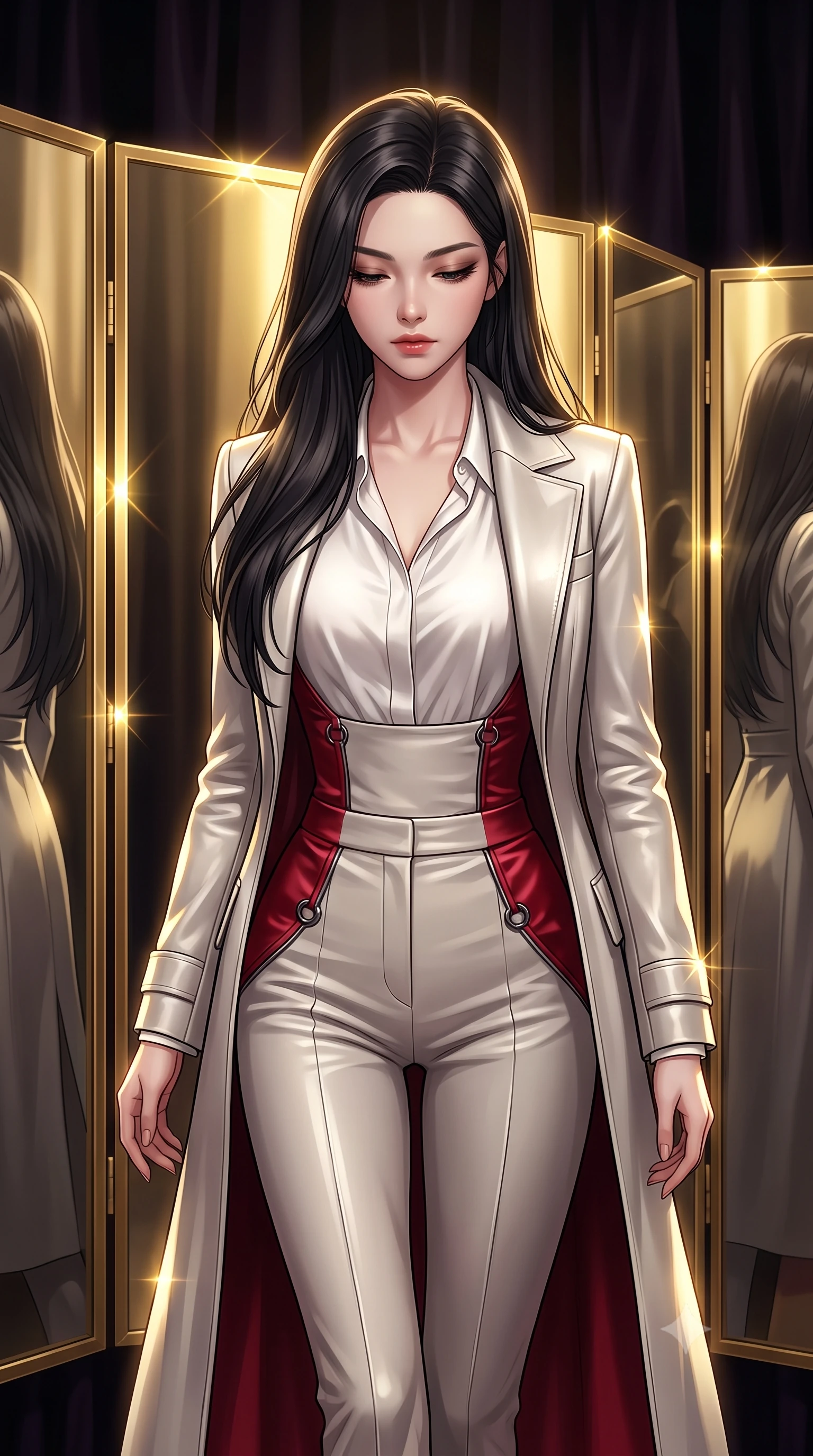 score_9, masterpiece, best quality, ultra-detailed, high-budget anime keyframe, editorial fashion photography, tasteful artistic composition, Korean woman. close-up cowboy shot from the waist and thighs up, the character dominates the composition, filling the frame with her large presence, background elements kept in soft focus. Looking down with lowered lashes and a composed, powerful dark aura, walking past gold-framed mirror panels reflecting her sleek silhouette, polished mirror panels glinting with sharp golden specular highlights. She has an exceptionally elegant, slender, and willowy female figure with an ultra-slim waist, a gracefully sculpted slender torso, and a refined silhouette. sharp v-shaped jawline, high-bridge nose, intricate jewel-like eyes with depth, thick eyelashes, glossy lips with a natural sheen. wearing structured platinum leather long coat over white silk blouse and tailored slacks in midnight navy blue, made of soft crimson satin, trimmed with dark chrome ring hardware along the waist contours, highlighting her statuesque proportions and ultra-slim waistline. lit by intense golden spotlighting contrasting against dark velvet shadows. highly saturated vibrant anime colors, detailed shading with soft gradients, rich glossy textures, high-contrast stereoscopic depth, volumetric dynamic lighting, master piece, 9:16 ratio