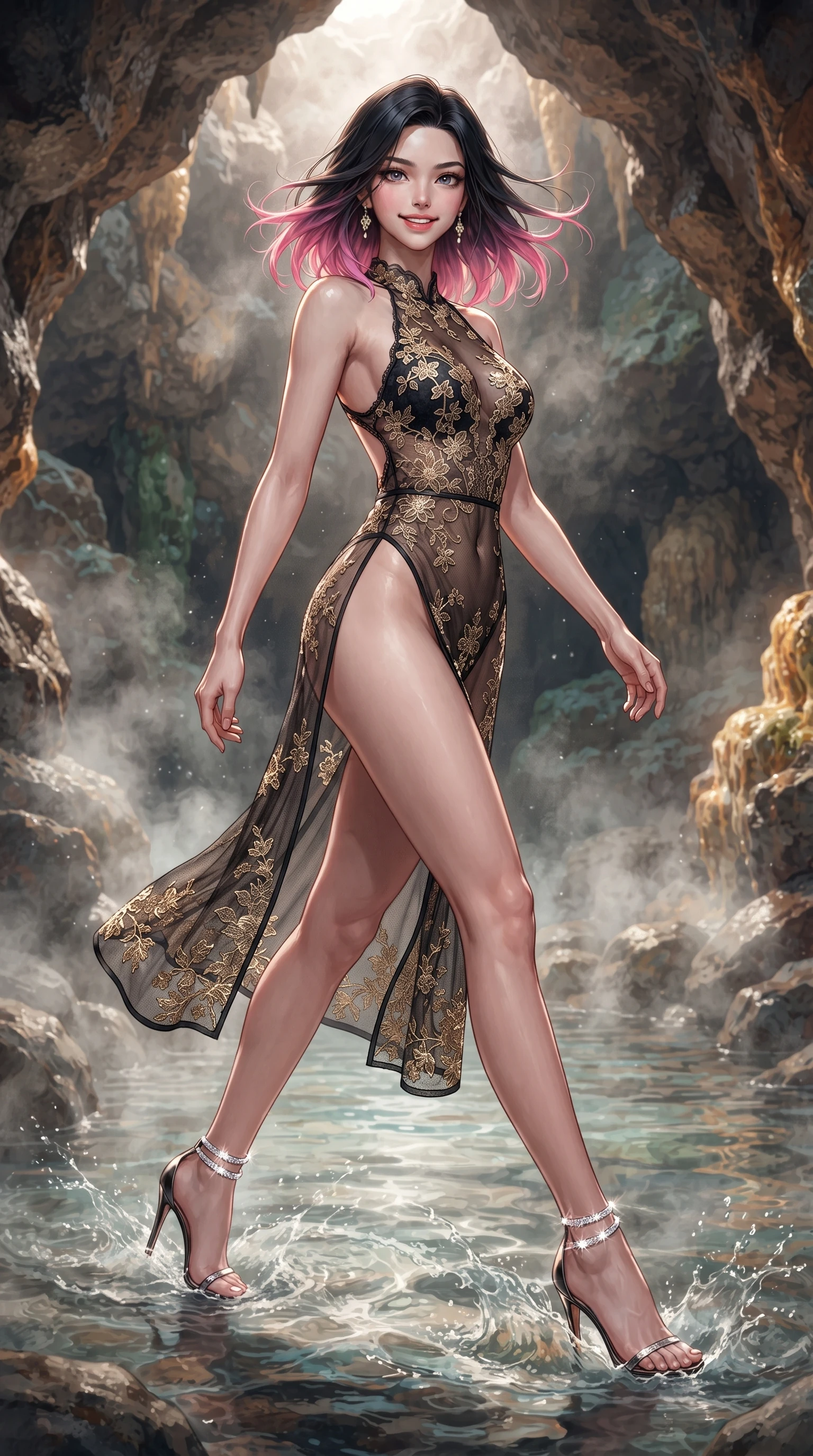 score_9, masterpiece, best quality, ultra-detailed, high-budget anime keyframe, editorial fashion photography, tasteful artistic composition, Korean woman. low angle full-body shot from head to toe showing her feet, filling the entire 9:16 vertical frame with her statuesque presence, stretching her vertical silhouette. stepping forward in a confident stride, her long slender legs and curvaceous hips creating a dynamic, sweeping vertical line while standing poised in the natural stone cavern hot spring as steaming thermal water laps at her ankles, arching her spine with wet-look siren grace. The surrounding environment is rendered in vivid detail and crisp panoramic clarity: detailed gossamer sheer mesh slip dress, delicate gold embroidery, and volcanic cave stonework in razor-sharp precision. She has an exceptionally tall and slender model-like 8.5-heads proportion, an ultra-slim waist, a flat toned midriff, narrow delicate ribcage, and beautifully sculpted feminine hips creating a graceful, slim hourglass silhouette without any bulky heaviness, with impossibly long slender legs. sharp v-shaped jawline, high-bridge nose, intricate jewel-like sparkling eyes with depth, thick eyelashes, glossy parted lips with a natural peach sheen, bright cheerful beaming smile with an enchanting and coquettish sensual glint, exuding both youthful cute charm and seductive allure, flawlessly proportioned anatomical accuracy, strict slender model proportions, natural body alignment, perfectly sculpted long slender limbs, ultra-slim waistline, clean dynamic posture without body distortion. wearing an open-back sheer lace leotard with high-cut leg openings and delicate floral embroidery framing her spine in Shanghai noir black and imperial 24k gold, made of delicate embroidered tulle lace with intricate floral motifs and soft transparency, complemented by strappy stiletto sandals with crystal ankle wraps accentuating her slender calves, the liquid-tight tailored fabric clinging flawlessly to her narrow waist and rounded feminine hips, emphasizing every millimeter of her sculpted slim hourglass curves without any bulky heaviness. illuminated by thermal spring caustics bounce and sharp flame-gold rim lights sculpting her jawline, narrow waist, and curvy hips. ultra-reflective glossy finish, specular highlights, rich textural contrasts, high-contrast stereoscopic depth, volumetric dynamic lighting, 2k, ultra detail, master piece, 9:16 ratio