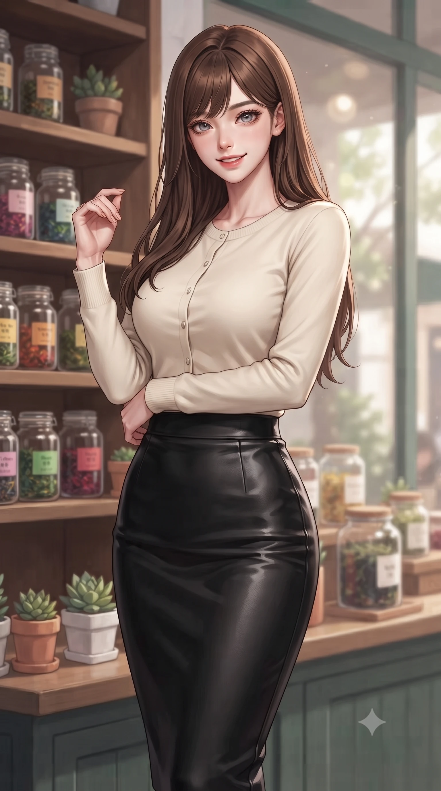 score_9, masterpiece, best quality, ultra-detailed, high-budget anime keyframe, editorial fashion photography, tasteful artistic composition, Korean woman. close-up cowboy shot from the waist and thighs up, the character dominates the composition, filling the frame with her large presence, background elements kept in soft focus. flashing a sweet yet sultry smile, holding her hand near her shoulder in a poised gesture set against a soft-focus background of outside a cozy tea shop with jars of tea leaves displayed on wooden shelves holding a small potted succulent with a delighted, cute expression. She has an exceptionally elegant, slender, and willowy female figure with an ultra-slim waist, a gracefully sculpted slender torso, and a refined silhouette. sharp v-shaped jawline, high-bridge nose, intricate jewel-like eyes with depth, thick eyelashes, glossy lips with a natural sheen. wearing slim-fit tight-fitting cashmere cardigan closed, paired with a sleek leather midi skirt. soft diffused daylight creating a warm, cozy and nostalgic atmosphere. highly saturated vibrant anime colors, detailed shading with soft gradients, rich glossy textures, high-contrast stereoscopic depth, volumetric dynamic lighting, master piece, 9:16 ratio