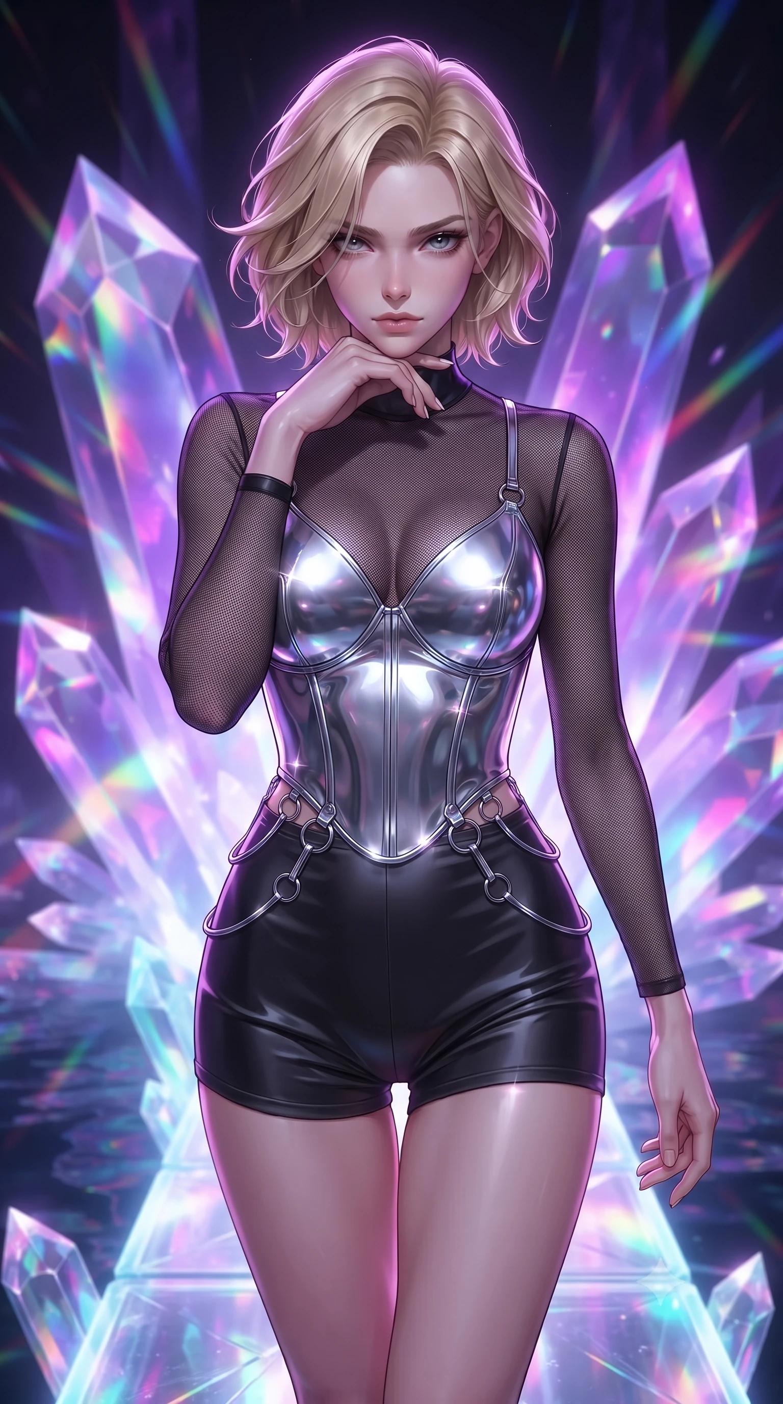 score_9, masterpiece, best quality, ultra-detailed, high-budget anime keyframe, editorial fashion photography, tasteful artistic composition, Caucasian woman. close-up cowboy shot from the waist and thighs up, the character dominates the composition, filling the frame with her large presence, background elements kept in soft focus. Resting her chin on the backs of her fingers, casting a sharp, mysterious gaze stepping along a glowing quartz crystal bridge over a subterranean mirror lake, massive violet and magenta crystal facets scattering prismatic light rays. She has an exceptionally elegant, slender, and willowy female figure with an ultra-slim waist, a gracefully sculpted slender torso, and a refined silhouette. sharp v-shaped jawline, high-bridge nose, intricate jewel-like eyes with depth, thick eyelashes, glossy lips with a natural sheen. wearing a chrome-plated structured bodice worn over a sheer mesh top and micro-shorts in matte black and polished silver, crafted from smooth liquid silk, accented with delicate chrome ring hardware framing her waist, the tailored fabric tightly following every curve of her athletic build. illuminated by radiant purple, magenta, and cyan crystal inner glow. ultra-reflective glossy finish, specular highlights, metallic sheen, high-contrast stereoscopic depth, volumetric dynamic lighting, 2k, ultra detail, master piece, 9:16 ratio