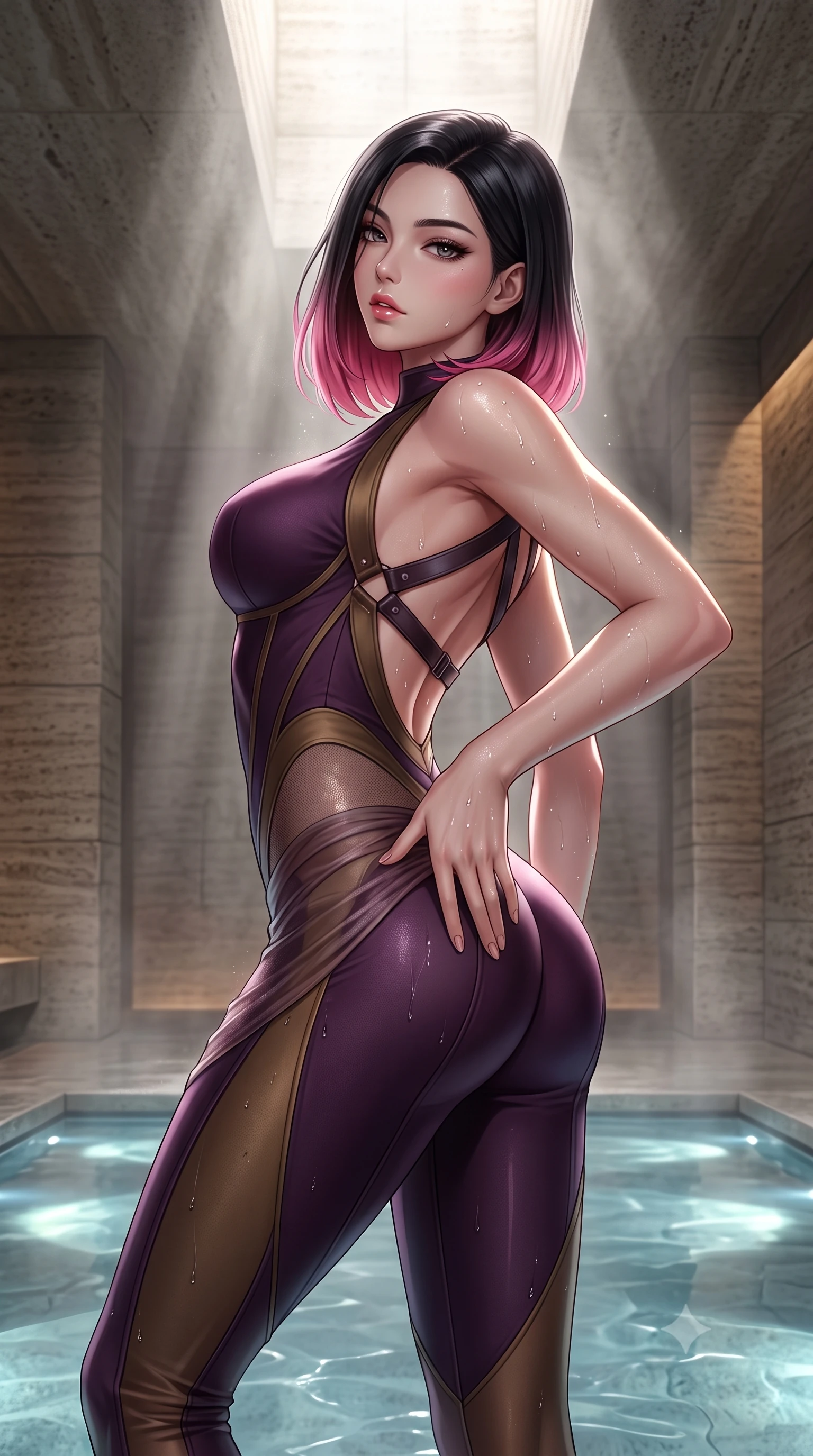 score_9, masterpiece, best quality, ultra-detailed, high-budget anime keyframe, semi-realistic 3D game render, editorial fashion photography, tasteful artistic composition, Korean woman. close-up cowboy shot from the waist and thighs up, the character dominates the composition, filling the frame with her large presence. arching her spine backward with effortless dancer poise, one hand sliding along her hip line as directional light carves specular highlights along her silhouette while standing poised on the wet quartzite floor beside a narrow ceiling light slit, turning in an alluring silhouette as dramatic sunlight cuts through steam. The surrounding environment is rendered in vivid detail and crisp panoramic clarity. detailed swimwear or sheer wrap texture, glistening moisture droplets on skin, and Zumthor architectural lines in high resolution. She has an exceptionally elegant, slender, and willowy female figure with an ultra-slim waist, flat toned midriff, narrow ribcage, and sculpted feminine hips creating an alluring, slim hourglass silhouette without bulk. sharp v-shaped jawline, high-bridge nose, intricate jewel-like eyes with depth, thick eyelashes, glossy parted lips with a natural sheen, intensely captivating and seductive bedroom-eyes expression, flawlessly proportioned anatomical accuracy, strict slender model proportions, natural body alignment, perfectly sculpted long slender limbs, ultra-slim waistline, clean dynamic posture without body distortion. wearing a second-skin compression catsuit with an open back and sheer mesh side waist contouring in deep plum violet and antique bronze, made of fluid silk crepe with delicate inner corsetry boning, featuring an open-back criss-cross harness strap in dark leather, the form-contouring material adhering flawlessly to her sculpted flat midriff and slender torso, emphasizing her long leg lines and perfectly proportioned willowy build. illuminated by shimmering submerged pool lights softly contouring her razor-sharp jawline, narrow waist, and curvy hips. highly saturated vibrant anime colors, detailed shading with soft gradients, rich glossy textures, high-contrast stereoscopic depth, volumetric dynamic lighting, master piece, 9:16 ratio