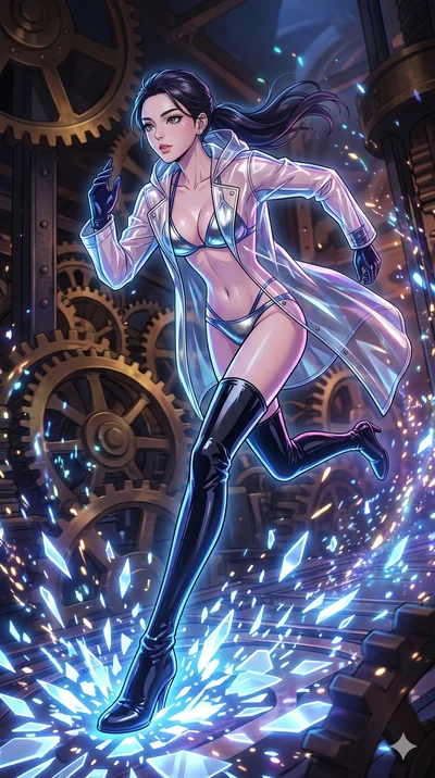 score_9, masterpiece, best quality, ultra-detailed, Set A: High-budget Anime Keyframe, Korean woman. Low angle cowboy shot filling the entire 9:16 frame with her statuesque presence. Sprinting through a throne of gears, as the ground beneath her turn