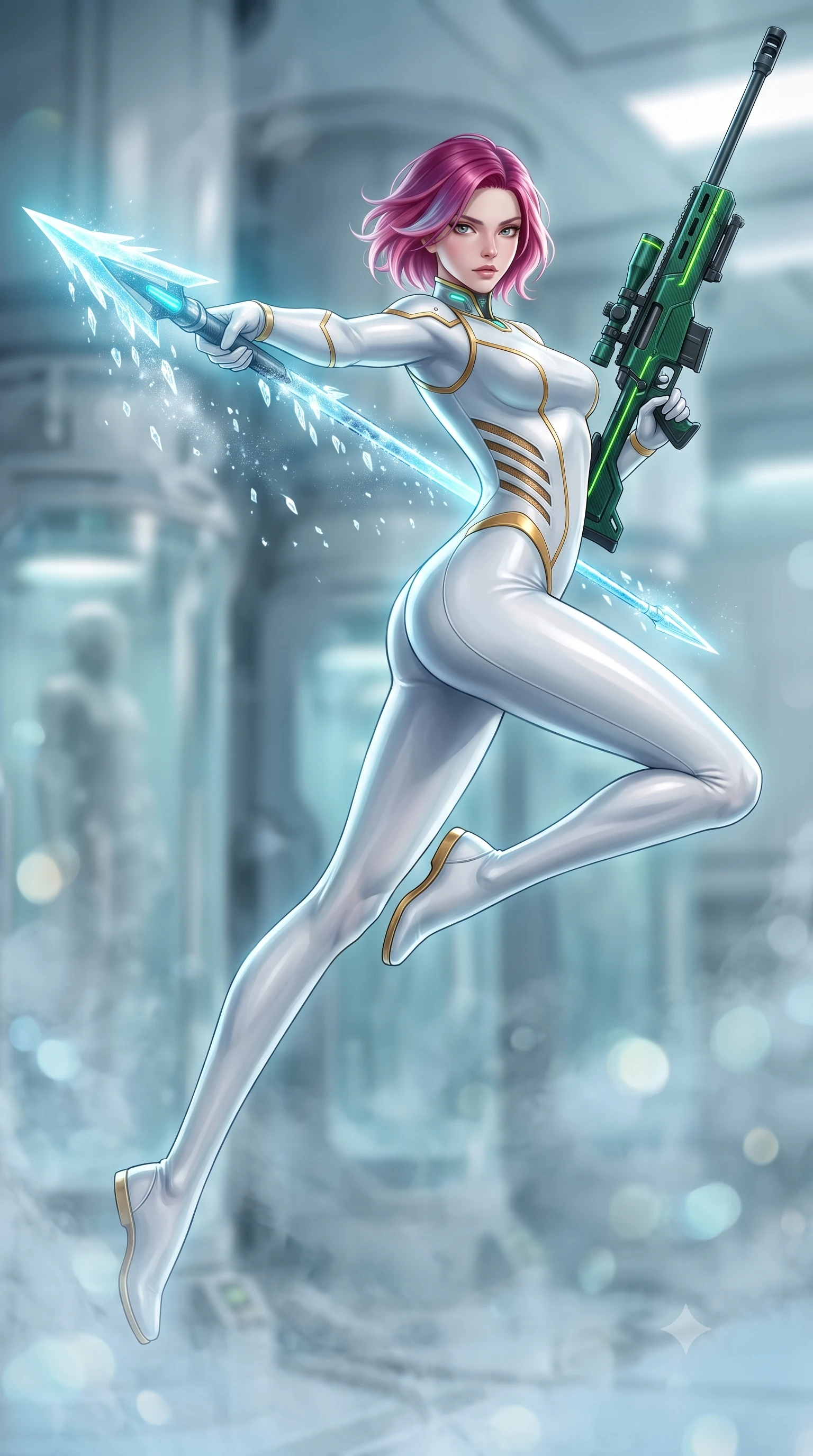 score_9, masterpiece, best quality, ultra-detailed, high-budget anime keyframe, semi-realistic 3D game render, editorial fashion photography, tasteful artistic composition, Caucasian woman. low angle full-body shot from head to toe showing her feet, filling the entire 9:16 vertical frame with her statuesque presence, stretching her vertical silhouette. arching her back gracefully in mid-air during a dynamic combat vault, her weapon energy trail framing her statuesque presence while pivoting dynamically as she thrusts the cryo-spear forward, leaving a trail of diamond frost crystals hanging in the air. The composition keeps background elements in soft focus with creamy bokeh. drifting cryogenic frost vapor and frozen laboratory glass pods blurred into radiant cyan, silver, and pale blue bokeh. She has an absolutely perfect, statuesque 8.5-heads proportion, an exceptionally tall and slender model-like female figure with impossibly long slender legs, a toned flat midriff, and an ultra-slim waist. sharp v-shaped jawline, high-bridge nose, intricate jewel-like eyes with depth, thick eyelashes, glossy lips with a natural sheen, flawlessly proportioned anatomical accuracy, strict slender model proportions, natural body alignment, perfectly sculpted long slender limbs, ultra-slim waistline, clean dynamic posture without body distortion. wearing a form-contouring arctic white carbon-composite battle-suit with solar gold trim and diagonal midriff vents, aiming a precision carbon-fiber railgun sniper rifle with divine focus in emerald green carbon composite with glowing lime laser channels, made of lightweight aerodynamic carbon-titanium alloy with polished edge bevels, featuring a sleek aerodynamic collar framed by subtle glowing cybernetic status LEDs, the liquid-tight tailored fabric emphasizing every curve of her tall, slender model proportions and sculptured silhouette during dynamic movement. bathed in glowing cyan cryo-energy spear radiance and cool white emergency strobe lighting. rich saturated anime colors with glowing neon highlights, detailed shading with soft gradients, rich glossy textures, high-contrast stereoscopic depth, volumetric dynamic lighting, master piece, 9:16 ratio