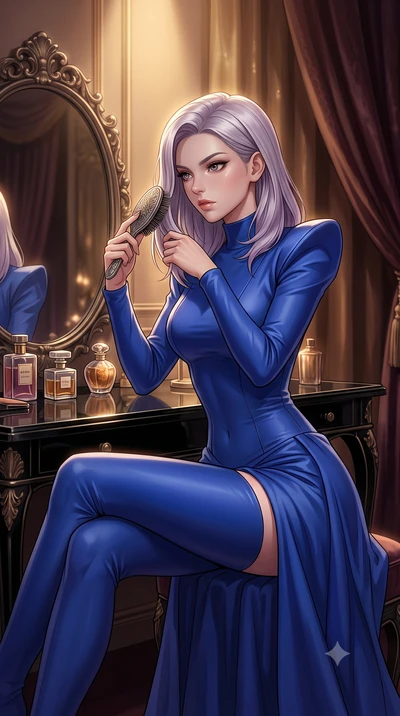 score_9, masterpiece, best quality, ultra-detailed, High-budget Anime Keyframe, Caucasian woman, strictly human ears. Low angle cowboy shot filling the entire 9:16 frame with her statuesque presence. Scenario 413: brushing her hair while seated befor