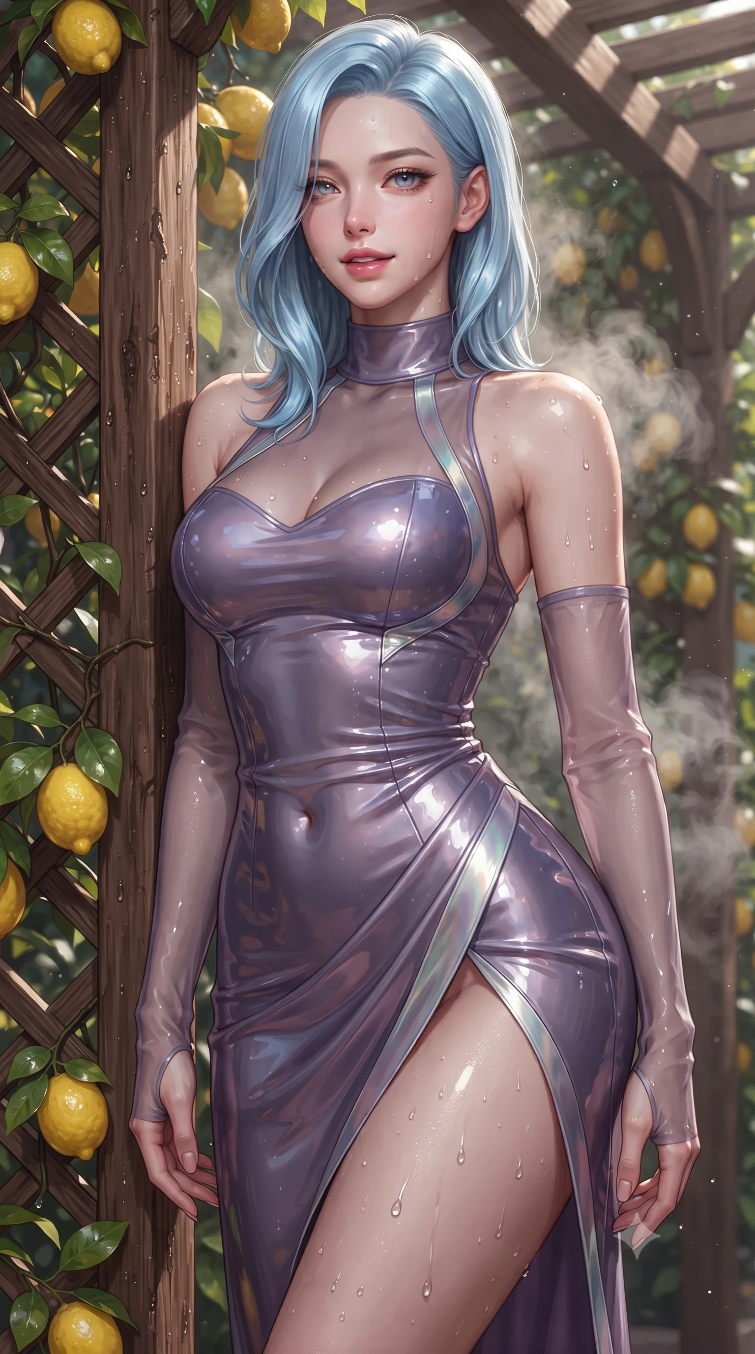 score_9, masterpiece, best quality, ultra-detailed, high-budget anime keyframe, editorial fashion photography, tasteful artistic composition, Korean woman. close-up cowboy shot from the waist and thighs up, the character dominates the composition, filling the frame with her large presence. tilting her head with a teasing half-smile, running one hand slowly down the side of her hip in a flirtatious S-curve as ambient light caresses her silhouette while leaning back against the fragrant lemon tree trellis with hips cocked back, looking through rising mineral steam with an intoxicating bedroom-gaze. The surrounding environment is rendered in vivid detail and crisp panoramic clarity: sharp rustic chestnut pergola wood grain, glossy yellow lemon rinds, and glistening water droplets on toned skin in deep focus. She has an exceptionally elegant, slender, and willowy female figure with an ultra-slim waist, flat toned midriff, narrow ribcage, and sculpted feminine hips creating an alluring, slim hourglass silhouette without bulk. sharp v-shaped jawline, high-bridge nose, sparkling eyes with hypnotic seductive depth, thick curled eyelashes, glossy parted lips with a natural dewy peach sheen, alluring bedroom-eyes with an enchanting coquettish smile, exuding magnetic siren charisma and sophisticated glamour, flawlessly proportioned anatomical accuracy, strict slender model proportions, natural body alignment, perfectly sculpted long slender limbs, ultra-slim waistline, clean dynamic posture without body distortion. wearing a provocative high-neck sheer illusion cocktail dress with liquid satin ribbons contouring her curves in dusk lavender and iridescent silver, crafted from wet-look high-gloss vinyl fabric with dazzling specular surface reflections, complemented by sheer opera-length evening gloves tracing her slender arms, the high-slit wrap tailoring accentuating her ultra-slim waistline and the enchanting curve of her feminine hips with alluring seductive charm. illuminated by water surface reflection caustics and sharp platinum rim lights sculpting her jawline, flat midriff, and voluptuous hip curves. ultra-reflective glossy finish, specular highlights, rich textural contrasts, high-contrast stereoscopic depth, volumetric dynamic lighting, 2k, ultra detail, master piece, 9:16 ratio