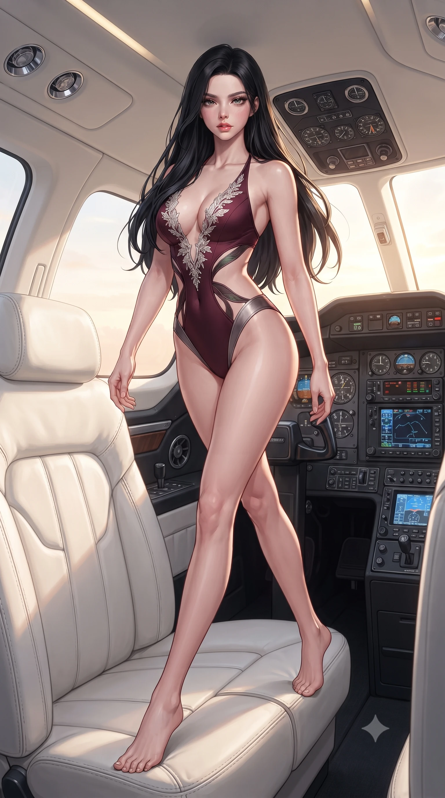 score_9, masterpiece, best quality, ultra-detailed, high-budget anime keyframe, editorial fashion photography, tasteful artistic composition, Korean woman. low angle full-body shot from head to toe showing her feet, filling the entire 9:16 vertical frame with her statuesque presence, stretching her vertical silhouette. striding forward in a proud supermodel runway stride, hips swaying in an alluring kinetic rhythm that accentuates her curvy hourglass silhouette while perching on the edge of a sculpted white leather captain's banquette, arching her lower back as golden sunset storm clouds stretch endlessly beneath the teardrop canopy. The surrounding environment is rendered in vivid detail and crisp panoramic clarity. sharp stitched white leather upholstery seams, polished chrome avionics dials, and scratchless aircraft canopy glass in deep focus. She has an exceptionally tall and slender model-like 8.5-heads proportion, an ultra-slim waist, a flat toned midriff, narrow delicate ribcage, and beautifully sculpted feminine hips creating a graceful, slim hourglass silhouette without any bulky heaviness, with impossibly long slender legs. sharp v-shaped jawline, high-bridge nose, intricate jewel-like eyes with depth, thick eyelashes, glossy parted lips with a natural sheen, intensely captivating and seductive bedroom-eyes expression, flawlessly proportioned anatomical accuracy, strict slender model proportions, natural body alignment, perfectly sculpted long slender limbs, ultra-slim waistline, clean dynamic posture without body distortion. wearing a botanical cutout monokini with organic leaf-curve side openings and high-cut hip bands in deep wine burgundy and brushed dark platinum, tailored from liquid silk jersey adhering flawlessly to her slender build, finished with delicate crystal frost embroidery tracing the plunging neckline, the liquid-tight tailored fabric clinging flawlessly to her narrow waist and rounded feminine hips, emphasizing every millimeter of her sculpted slim hourglass curves without any bulky heaviness. bathed in glorious golden hour stratospheric sunbeams filtering through the glass canopy. ultra-reflective glossy finish, specular highlights, rich textural contrasts, high-contrast stereoscopic depth, volumetric dynamic lighting, 2k, ultra detail, master piece, 9:16 ratio