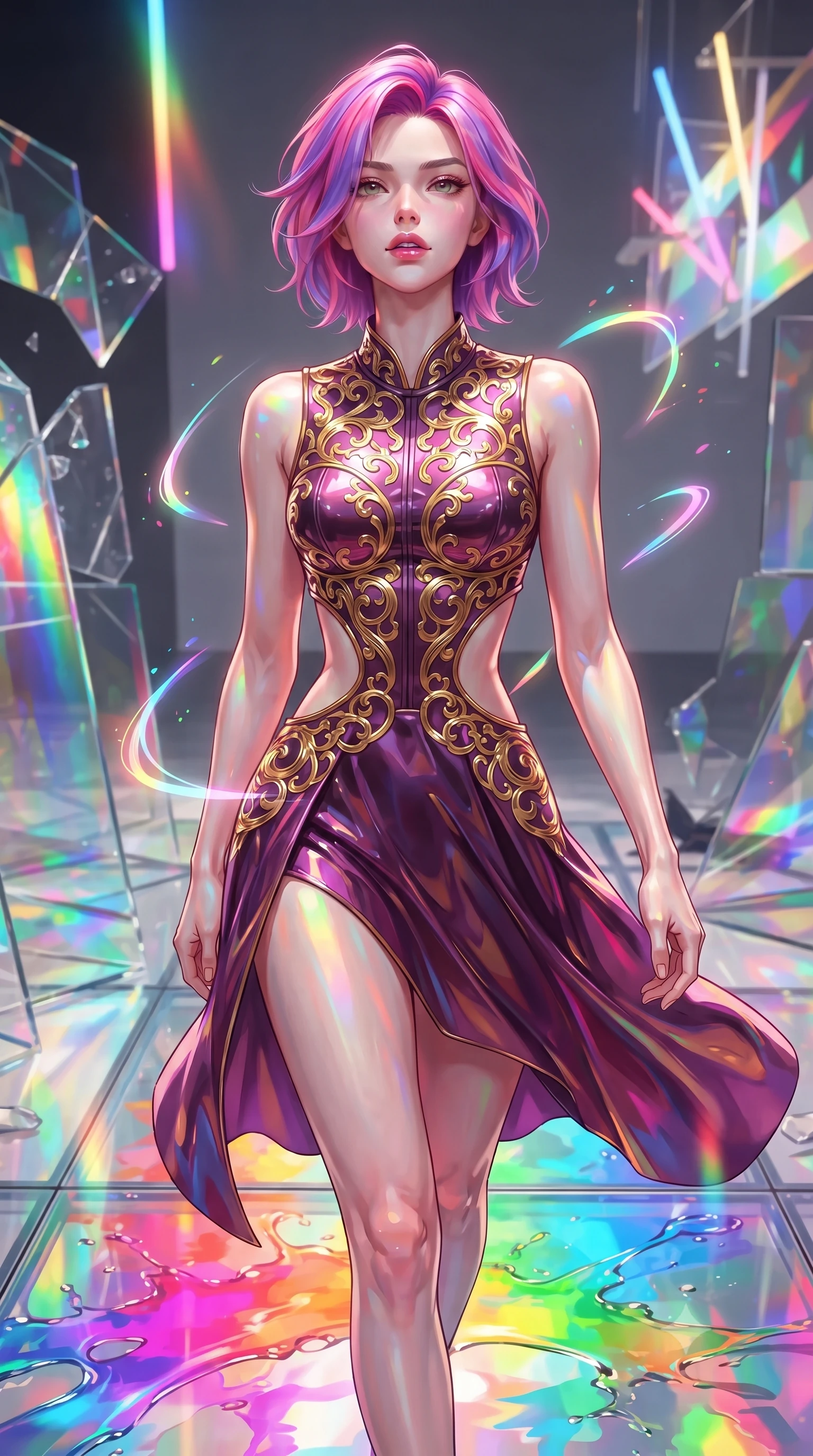 score_9, masterpiece, best quality, ultra-detailed, high-budget anime keyframe, editorial fashion photography, tasteful artistic composition, Caucasian woman. close-up cowboy shot from the waist and thighs up, the character dominates the composition, filling the frame with her large presence, background elements kept in soft focus. Tilting her chin up slightly with lips parted in a magnetic, composed expression stepping across a reflective glass floor drenched in vibrant fluid splashes, glowing neon brushstrokes floating poetically around her silhouette. She has an exceptionally elegant, slender, and willowy female figure with an ultra-slim waist, a gracefully sculpted slender torso, and a refined silhouette. sharp v-shaped jawline, high-bridge nose, intricate jewel-like eyes with depth, thick eyelashes, glossy lips with a natural sheen. wearing a modern fusion silk hanbok dress with a structured bodice in plum purple and gold filigree, tailored from high-gloss patent leather, featuring clean architectural cutouts along her slender torso, the form-contouring material highlighting her ultra-slim waist and long lines. illuminated by brilliant multi-color rainbow light refracting through glass. highly saturated vibrant anime colors, detailed shading with soft gradients, rich glossy textures, high-contrast stereoscopic depth, volumetric dynamic lighting, master piece, 9:16 ratio