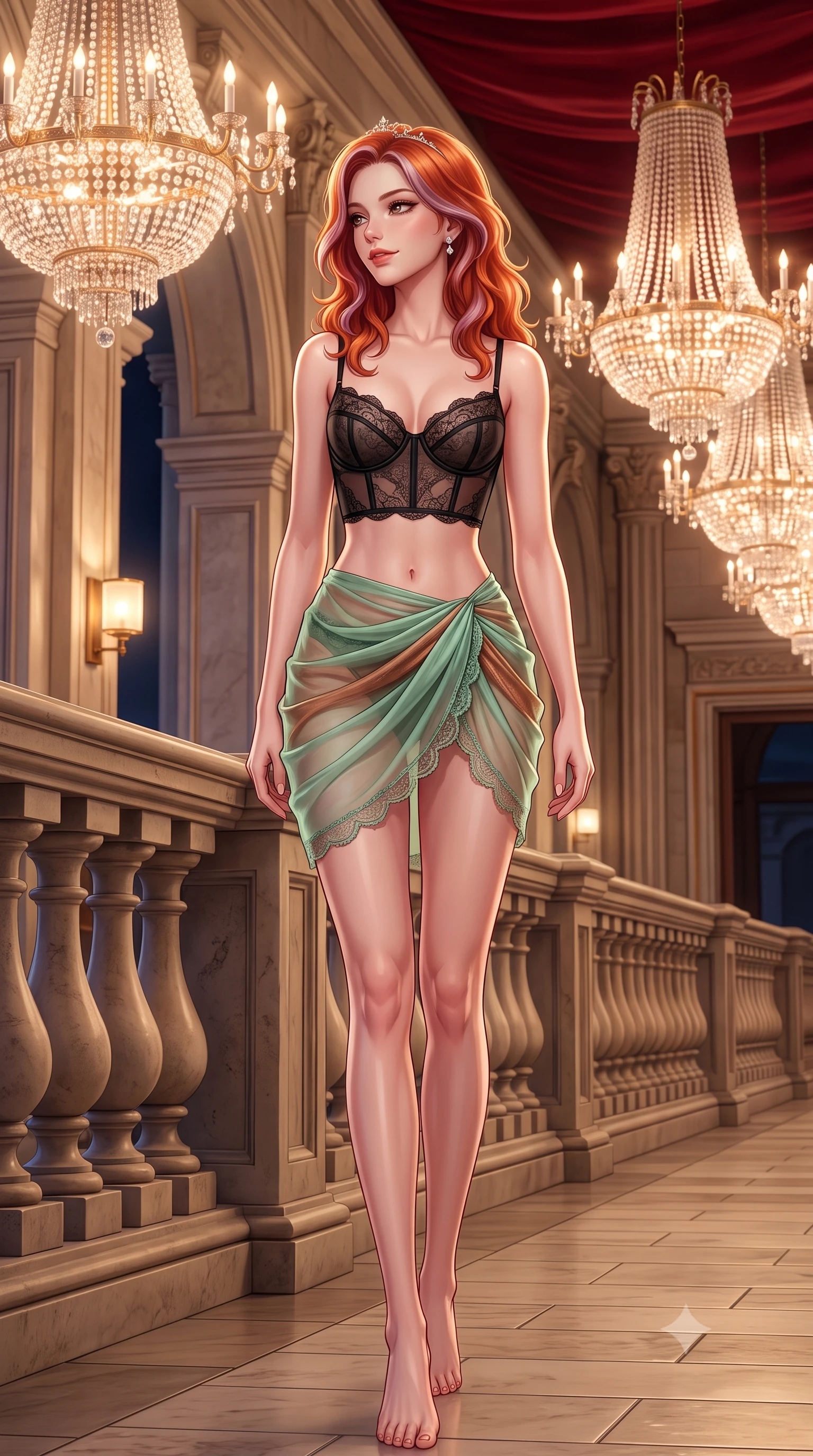 score_9, masterpiece, best quality, ultra-detailed, high-budget anime keyframe, semi-realistic 3D game render, editorial fashion photography, tasteful artistic composition, Caucasian woman. low angle full-body shot from head to toe showing her feet, filling the entire 9:16 vertical frame with her statuesque presence, stretching her vertical silhouette. walking along the terrace with poise, looking back over her bare shoulder with an irresistible smoldering bedroom-gaze while twisting her slender torso in an alluring contrapposto stance, monumental crystal auditorium chandeliers and red velvet reflections sculpting her curves. The surrounding environment is rendered in vivid detail and crisp panoramic clarity: detailed plunging cowl-neck liquid silk evening gown drape, diamond tiara sparkle, and 19th-century Habsburg architecture in razor-sharp precision. She has an absolutely perfect, statuesque 8.5-heads proportion, an exceptionally tall and slender model-like female figure with impossibly long slender legs, an ultra-slim waist, a flat toned midriff, narrow delicate ribcage, and beautifully sculpted feminine hips creating a graceful, slim hourglass silhouette without any bulky heaviness. sharp v-shaped jawline, high-bridge nose, sparkling eyes with hypnotic seductive depth, thick curled eyelashes, glossy parted lips with a natural dewy peach sheen, alluring bedroom-eyes with an enchanting coquettish smile, exuding magnetic siren charisma and sophisticated glamour, flawlessly proportioned anatomical accuracy, strict slender model proportions, natural body alignment, perfectly sculpted long slender limbs, ultra-slim waistline, clean dynamic posture without body distortion. wearing a sculpted underwire demi-bustier in semi-sheer lace paired with an ultra-short draped tulip skirt in Moroccan mint green and hammered copper, made of sheer gossamer chiffon that drapes softly against skin with airy translucence, finished with scalloped eyelash lace trim framing her sweetheart neckline with intimate elegance, the second-skin tailored fabric adhering flawlessly to her sculpted flat midriff and slender torso, emphasizing her long leg lines and perfectly proportioned willowy build. bathed in the dazzling warm 2900K radiance of thousands of crystal chandelier prisms mixed with focused box sconces. highly saturated vibrant anime colors, detailed shading with soft gradients, rich glossy textures, high-contrast stereoscopic depth, volumetric dynamic lighting, master piece, 9:16 ratio