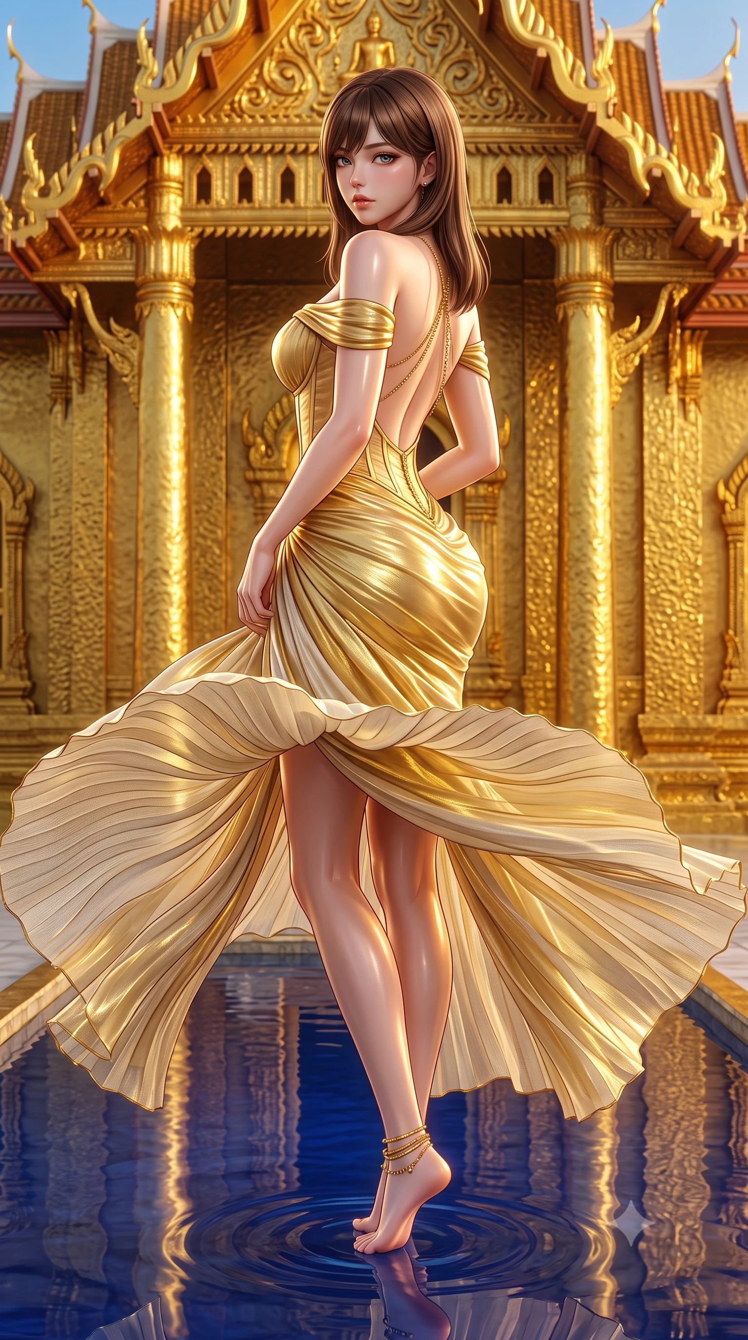 score_9, masterpiece, best quality, ultra-detailed, high-budget anime keyframe, semi-realistic 3D game render, editorial fashion photography, tasteful artistic composition, Korean woman. low angle full-body shot from head to toe showing her feet, filling the entire 9:16 vertical frame with her statuesque presence, stretching her vertical silhouette. executing an elegant mid-motion pivot turn as garments swirl around her slender limbs, glancing over her shoulder with an intoxicating bedroom-gaze while dipping one slender foot into the sacred lapis lazuli pool before the golden temple, hips cocked back in an alluring S-curve as she looks over her bare shoulder. The surrounding environment is rendered in vivid detail and crisp panoramic clarity. detailed hammered gold jewelry textures, pleated linen weave, and temple water reflections in high clarity. She has an absolutely perfect, statuesque 8.5-heads proportion, an exceptionally tall and slender model-like female figure with impossibly long slender legs, a toned flat midriff, an ultra-slim waist, and beautifully sculpted feminine hips. sharp v-shaped jawline, high-bridge nose, intricate jewel-like eyes with depth, thick eyelashes, glossy parted lips with a natural sheen, intensely captivating and seductive bedroom-eyes expression, flawlessly proportioned anatomical accuracy, strict slender model proportions, natural body alignment, perfectly sculpted long slender limbs, ultra-slim waistline, clean dynamic posture without body distortion. wearing a statuesque off-shoulder gold lamé gown with a boned corset bodice and bodycon silhouette in warm honey yellow and natural linen cream, woven from gossamer silk organza with subtle metallic gold threads, accented with a glittering gold back chain tracing her bare spine down to her hip line, the dramatically scooped open back descending to the base of her spine, accentuating her razor-sharp statuesque lines and curvy hourglass silhouette. illuminated by intense golden specular reflections sculpting her bare collarbones, ultra-slim waist, and curvy hips. highly saturated vibrant anime colors, detailed shading with soft gradients, rich glossy textures, high-contrast stereoscopic depth, volumetric dynamic lighting, master piece, 9:16 ratio