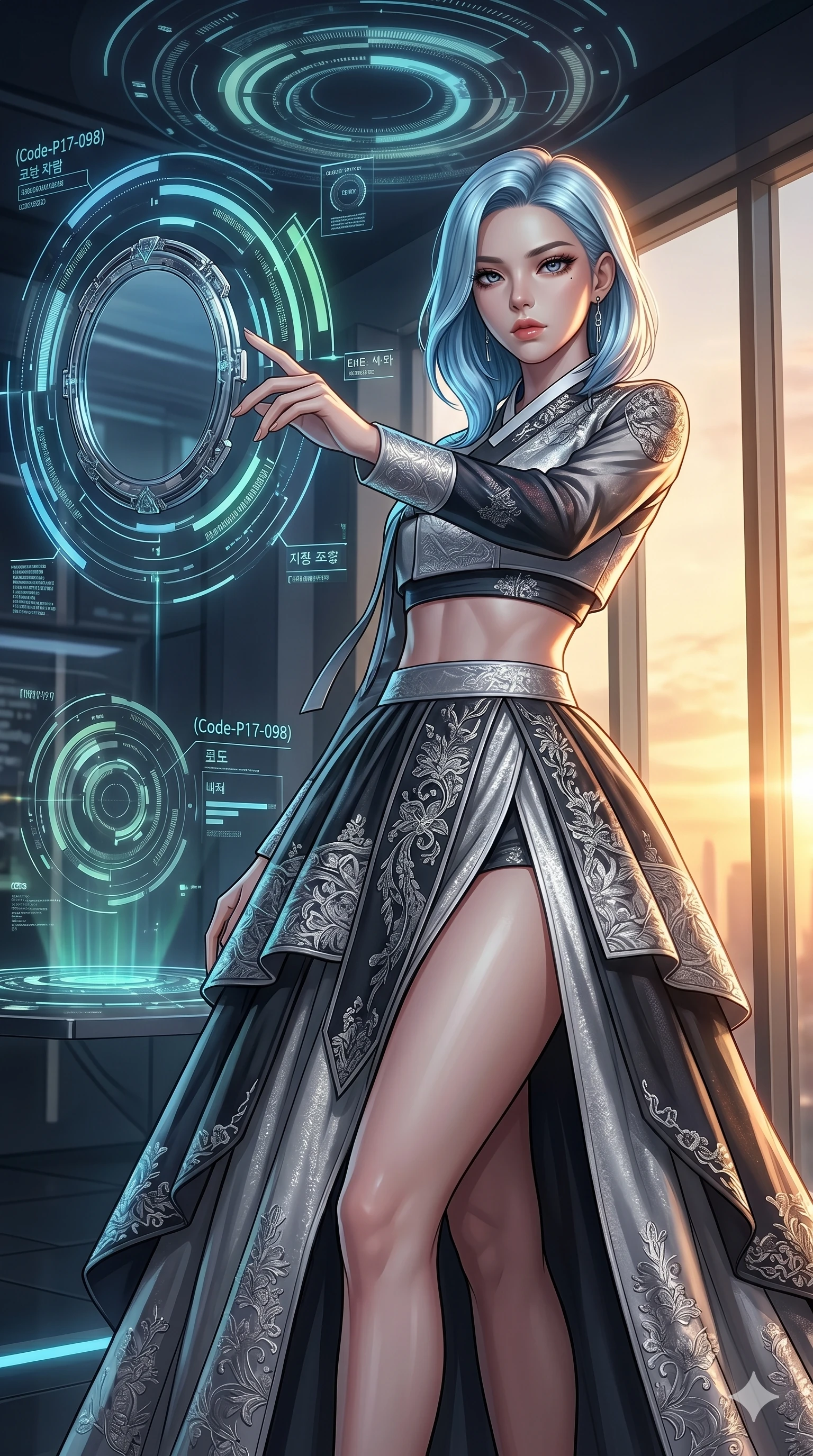 score_9, masterpiece, best quality, ultra-detailed, high-budget anime keyframe, editorial fashion photography, tasteful artistic composition, Korean woman. cowboy shot from the thighs up, character and outfit filling the frame for maximum editorial presence. reaching a hand toward a floating mirror, looking at the camera in a digital room with rotating holographic rings (Code-P17-098). She has an absolutely perfect 8-heads proportion, an exceptionally tall and slender female figure with impossibly long slender legs and an ultra-slim waist. V-shaped jawline, high-bridge nose, intricate jewel-like eyes with depth, thick eyelashes, glossy lips with a natural sheen. wearing a fusion hanbok with an exposed waist and high-slit skirt. golden sunset light streaming through the window, outlining her high-bridge nose and lips. 2k, ultra detail, master piece, 9:16 ratio