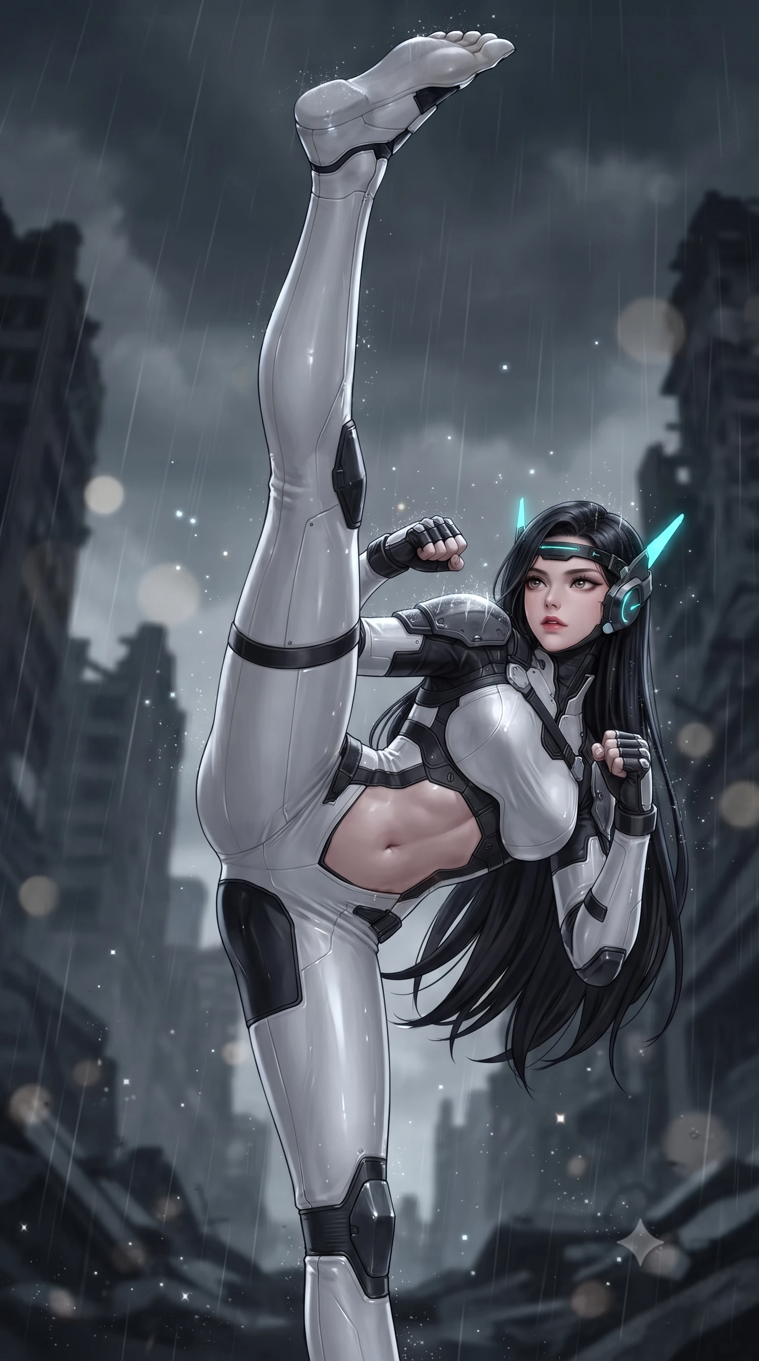 score_9, masterpiece, best quality, ultra-detailed, high-budget anime keyframe, editorial fashion photography, tasteful artistic composition, Korean woman. low angle full-body shot from head to toe showing her feet, filling the entire 9:16 vertical frame with her statuesque presence, stretching her vertical silhouette. executing a breathtaking zero-gravity high-kick with full 180-degree vertical extension, her impossibly long slender legs dominating the frame with razor-sharp poise while arching her spine in a fluid combat stance with fists raised as cold rain streams down her sleek armored shoulder pauldrons. The composition keeps background elements in soft focus with creamy bokeh. sparkling rain streaks and HUD visor holographic glints scattering light motes across a ruined backdrop. She has an absolutely perfect, statuesque 8.5-heads proportion, an exceptionally tall and slender model-like female figure with impossibly long slender legs, a toned flat midriff, and an ultra-slim waist. sharp v-shaped jawline, high-bridge nose, intricate jewel-like eyes with depth, thick eyelashes, glossy lips with a natural sheen, fierce and resolute heroine expression, flawlessly proportioned anatomical accuracy, strict slender model proportions, natural body alignment, perfectly sculpted long slender limbs, ultra-slim waistline, clean dynamic posture without body distortion. wearing a lightweight carbon-fiber tactical sensory headpiece with glowing cyan ear-antennae and an ultra-thin forehead HUD brow-band, paired with a tailored tactical combat jumpsuit with an open-back harness design, reinforced composite breastplate, and high-mobility elbow dampers in monochrome white enamel carbon with high-contrast black tactical panels, formed from high-gloss patent carbon-plating with specular dystopian chiaroscuro reflections, detailed with kinetic shock-dampening knuckle guards and polished chrome connection joints, the precision-cut daring openings accentuating her delicate midriff, graceful bare collarbones, and ultra-slim feminine waistline. surrounded by a majestic, solemn, and fiercely determined lone dystopian savior aura. ultra-reflective glossy finish, specular highlights, dark metallic sheen, high-contrast stereoscopic depth, volumetric dynamic lighting, 2k, ultra detail, master piece, 9:16 ratio