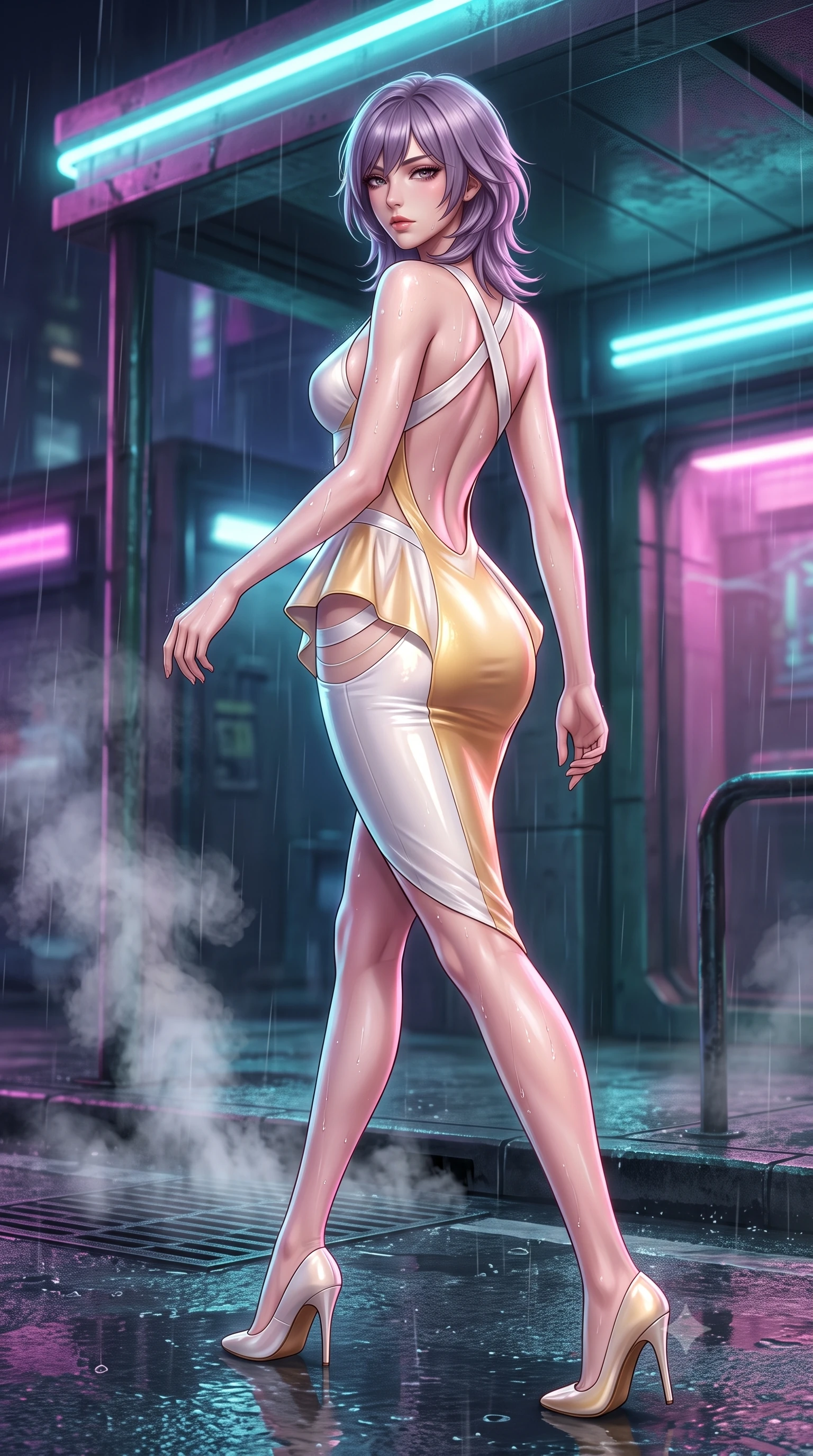 score_9, masterpiece, best quality, ultra-detailed, high-budget anime keyframe, semi-realistic 3D game render, editorial fashion photography, tasteful artistic composition, Japanese woman. low angle full-body shot from head to toe showing her feet, filling the entire 9:16 vertical frame with her statuesque presence, stretching her vertical silhouette. striding forward in a proud supermodel runway stride, hips swaying in an alluring kinetic rhythm that accentuates her curvy hourglass silhouette while standing poised under a glowing neon overhang, twisting her upper body in an alluring S-curve as steam escapes from iron street grates into the rain. The surrounding environment is rendered in vivid detail and crisp panoramic clarity. detailed wet-look garment sheen, water droplet beads on skin, and cybernetic street texture in high clarity. She has an exceptionally tall and slender model-like 8.5-heads proportion, an ultra-slim waist, a flat toned midriff, narrow delicate ribcage, and beautifully sculpted feminine hips creating a graceful, slim hourglass silhouette without any bulky heaviness, with impossibly long slender legs. sharp v-shaped jawline, high-bridge nose, intricate jewel-like eyes with depth, thick eyelashes, glossy parted lips with a natural sheen, intensely captivating and seductive bedroom-eyes expression, flawlessly proportioned anatomical accuracy, strict slender model proportions, natural body alignment, perfectly sculpted long slender limbs, ultra-slim waistline, clean dynamic posture without body distortion. wearing a structural geometric peplum gown with sheer side-ribbon cutouts and form-fitting skirt in pure alabaster white and sun-kissed gold, tailored from liquid silk jersey adhering flawlessly to her slender build, finished with criss-cross back satin straps highlighting her graceful shoulder blades, the dramatically scooped open back descending to the base of her spine, accentuating her razor-sharp statuesque lines and slim hourglass silhouette. illuminated by shimmering wet ground specular reflections accentuating her sculpted midriff, narrow waist, and curvy hips. highly saturated vibrant anime colors, detailed shading with soft gradients, rich glossy textures, high-contrast stereoscopic depth, volumetric dynamic lighting, master piece, 9:16 ratio