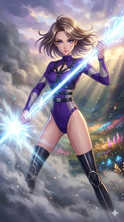 score_9, masterpiece, best quality, ultra-detailed, High-budget Anime Keyframe, beautiful Caucasian anime girl (strictly human ears). Upper body close-up from the thighs up, character filling the screen for maximum presence. Summoning a staff of ligh