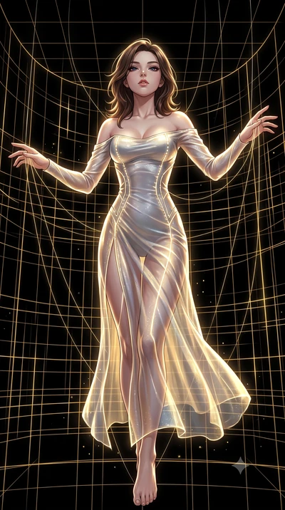 score_9, masterpiece, best quality, ultra-detailed, High-budget Anime Keyframe, East Asian woman. Low angle cowboy shot filling the entire 9:16 frame with her statuesque presence. Scenario 354: suspended by invisible silk threads inside a digital are