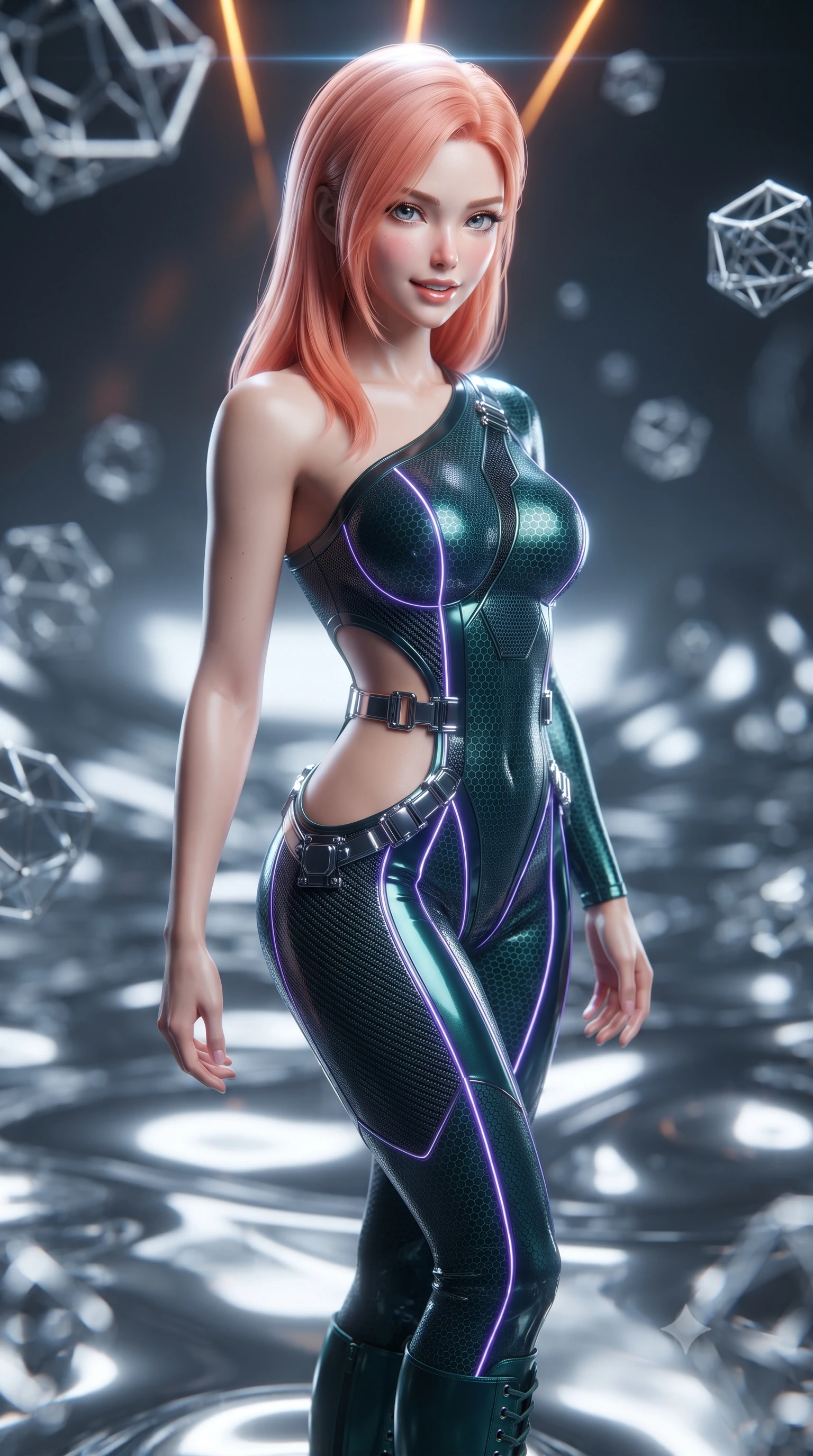 score_9, masterpiece, best quality, ultra-detailed, high-budget anime keyframe, editorial fashion photography, tasteful artistic composition, Japanese woman. close-up cowboy shot from the waist and thighs up, the character dominates the composition, filling the frame with her large presence. turning slowly with a smoldering smile, her sleek hair catching the cockpit HUD rim light as her hips angle gracefully in a captivating contrapposto while twisting her slender torso in an alluring contrapposto stance, shifting liquid chrome waves reflecting her narrow waist and curvy hips. The background shows a soft-focus swirling pools of reflective liquid chrome and floating geometric nanotech lattices blurred into molten silver, platinum, and charcoal bokeh. She has an exceptionally elegant, slender, and willowy female figure with an ultra-slim waist, flat toned midriff, narrow ribcage, and sculpted feminine hips creating an alluring, slim hourglass silhouette without bulk. sharp v-shaped jawline, high-bridge nose, intricate jewel-like sparkling eyes with depth, thick eyelashes, glossy parted lips with a natural sheen, bright confident smile with an enchanting and coquettish sensual glint, exuding both youthful magnetic charm and sovereign high-tech allure, flawlessly proportioned anatomical accuracy, strict slender model proportions, natural body alignment, perfectly sculpted long slender limbs, ultra-slim waistline, clean dynamic posture without body distortion. wearing an asymmetric one-shoulder combat catsuit with carbon-weave paneling and an open-waist architecture emphasizing her hips in dark emerald teal and ultraviolet glow lines, woven from delicate semi-opaque high-tensile nano-mesh with intricate hexagonal micro-patterns, finished with polished chrome buckle hardware and modular magnetic holster clasps, the aerodynamic second-skin silhouette tightly following the natural contour of her hips and long slender legs with youthful 8.5-heads elegance. illuminated by overhead amber laser guides and sharp chrome rim lights sculpting her razor-sharp jawline, narrow waist, and curvy hips. ultra-reflective glossy finish, specular highlights, rich textural contrasts, high-contrast stereoscopic depth, volumetric dynamic lighting, 2k, ultra detail, master piece, 9:16 ratio
