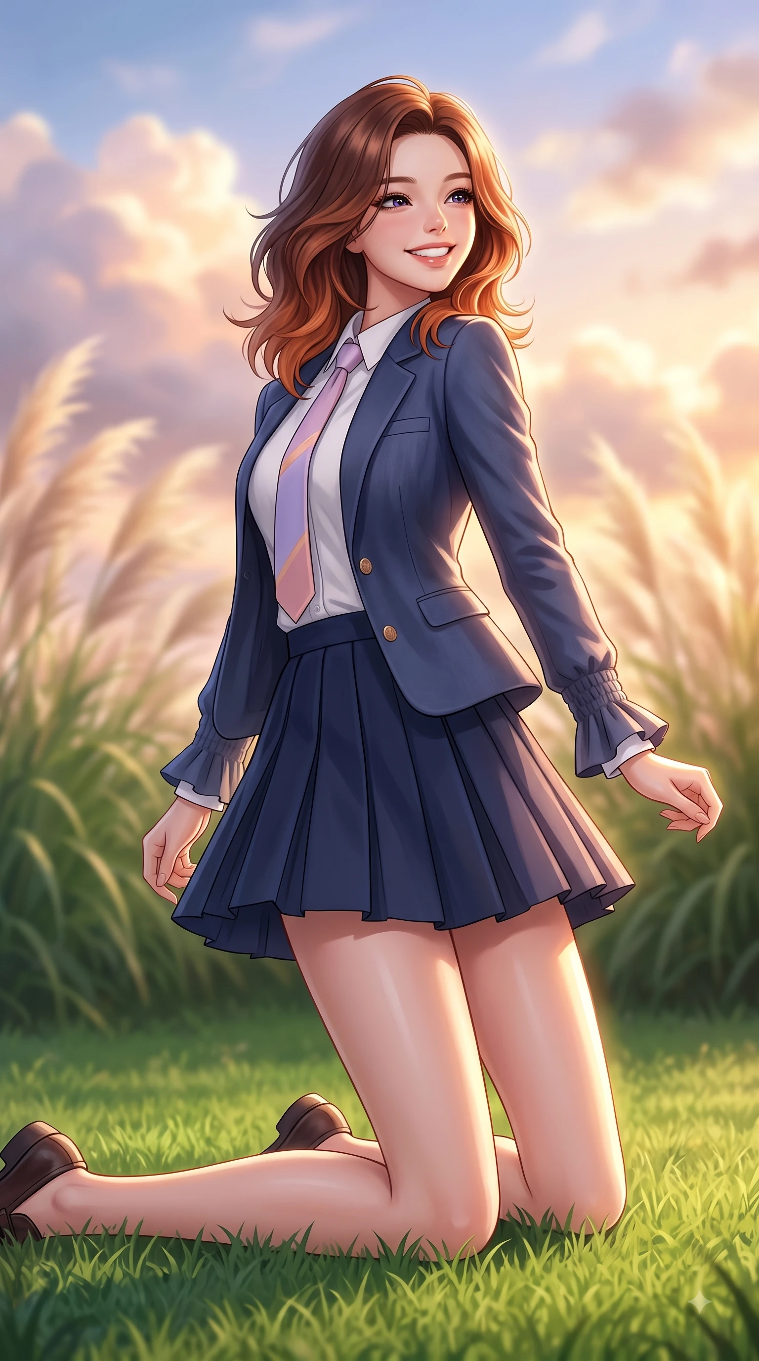 score_9, masterpiece, best quality, ultra-detailed, high-budget anime keyframe, editorial fashion photography, tasteful artistic composition, Korean woman. low angle full-body shot from head to toe showing her feet, filling the entire 9:16 vertical frame with her statuesque presence, stretching her vertical silhouette. performing a cheerful mid-motion turn with flawless poise, her radiant smile capturing fresh girlhood energy while resting on her knees on the lush grass with a joyful, beaming expression as warm sunset light warms her face. The composition keeps background elements in soft focus with dreamy bokeh. swaying pampas grass and glowing sunset clouds softened in a dreamy background focus. She has an absolutely perfect, statuesque 8.5-heads proportion, an exceptionally tall and slender model-like female figure with impossibly long slender legs and an ultra-slim waist. sharp v-shaped jawline, high-bridge nose, intricate jewel-like eyes with depth, thick eyelashes, glossy lips with a natural sheen, flawlessly proportioned anatomical accuracy, natural body alignment, perfectly sculpted elegant limbs, clean dynamic posture without body distortion. wearing a preppy academy blazer over a crisp collared shirt, navy pleated skirt, and a slim necktie in pastel lilac and soft rose gold, crafted from soft breathable linen, accented with soft smocked details and fluttery cuffs, the tailored casual silhouette highlighting her fresh and youthful presence. illuminated by soft glowing sunset reflections with cheerful golden rim lights. highly saturated vibrant anime colors, detailed shading with soft gradients, rich glossy textures, high-contrast stereoscopic depth, volumetric dynamic lighting, master piece, 9:16 ratio